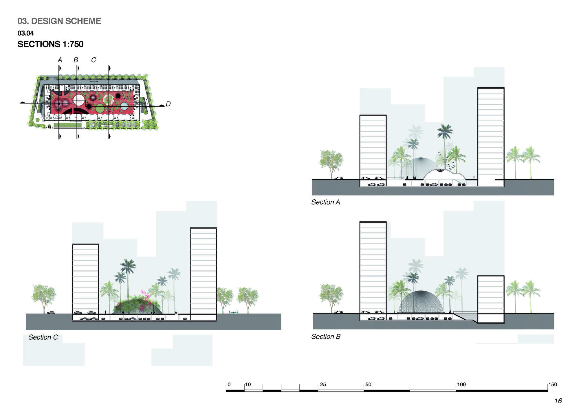 Section drawings showing relationship between courtyard and flanking residential towers with palm trees