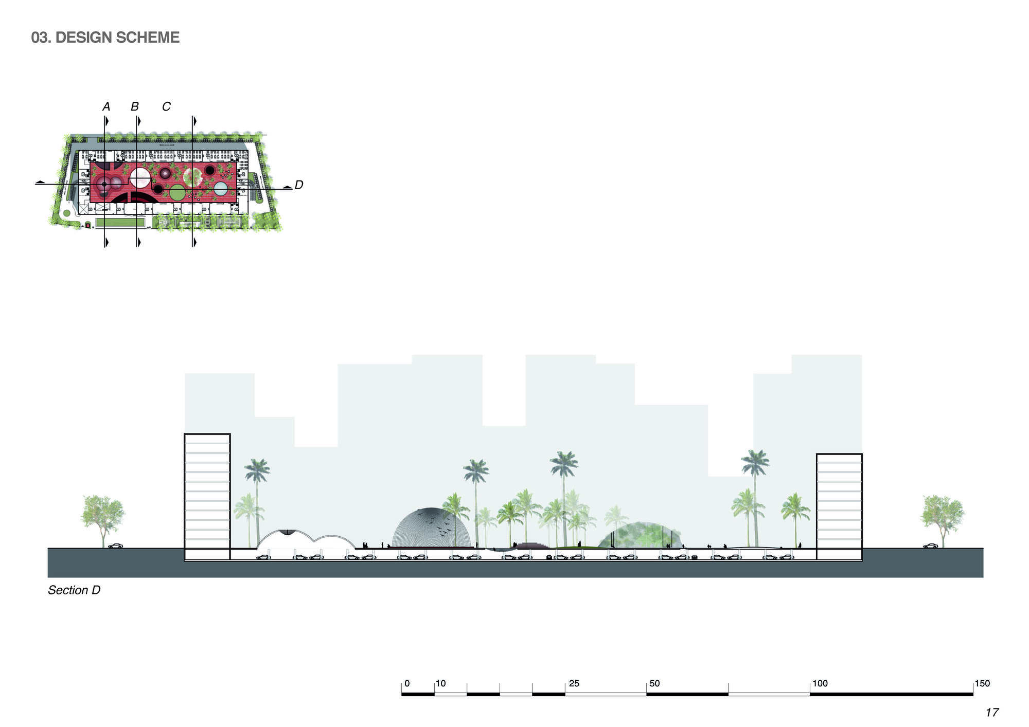 Section drawing showing longitudinal view through courtyard with dome structure flanked by towers and palm trees
