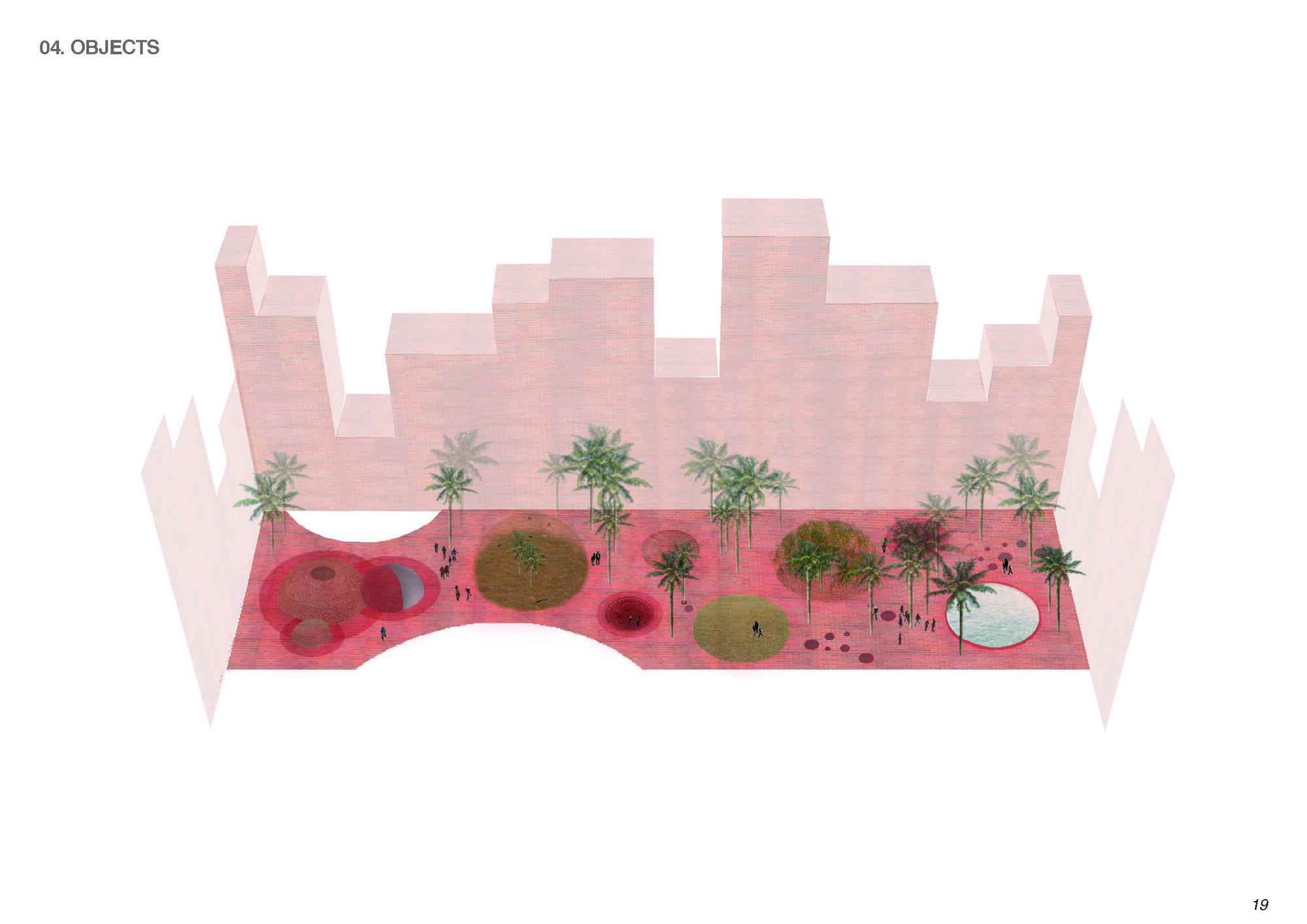 Axonometric view of the courtyard with circular planted mounds and palm trees between surrounding residential blocks