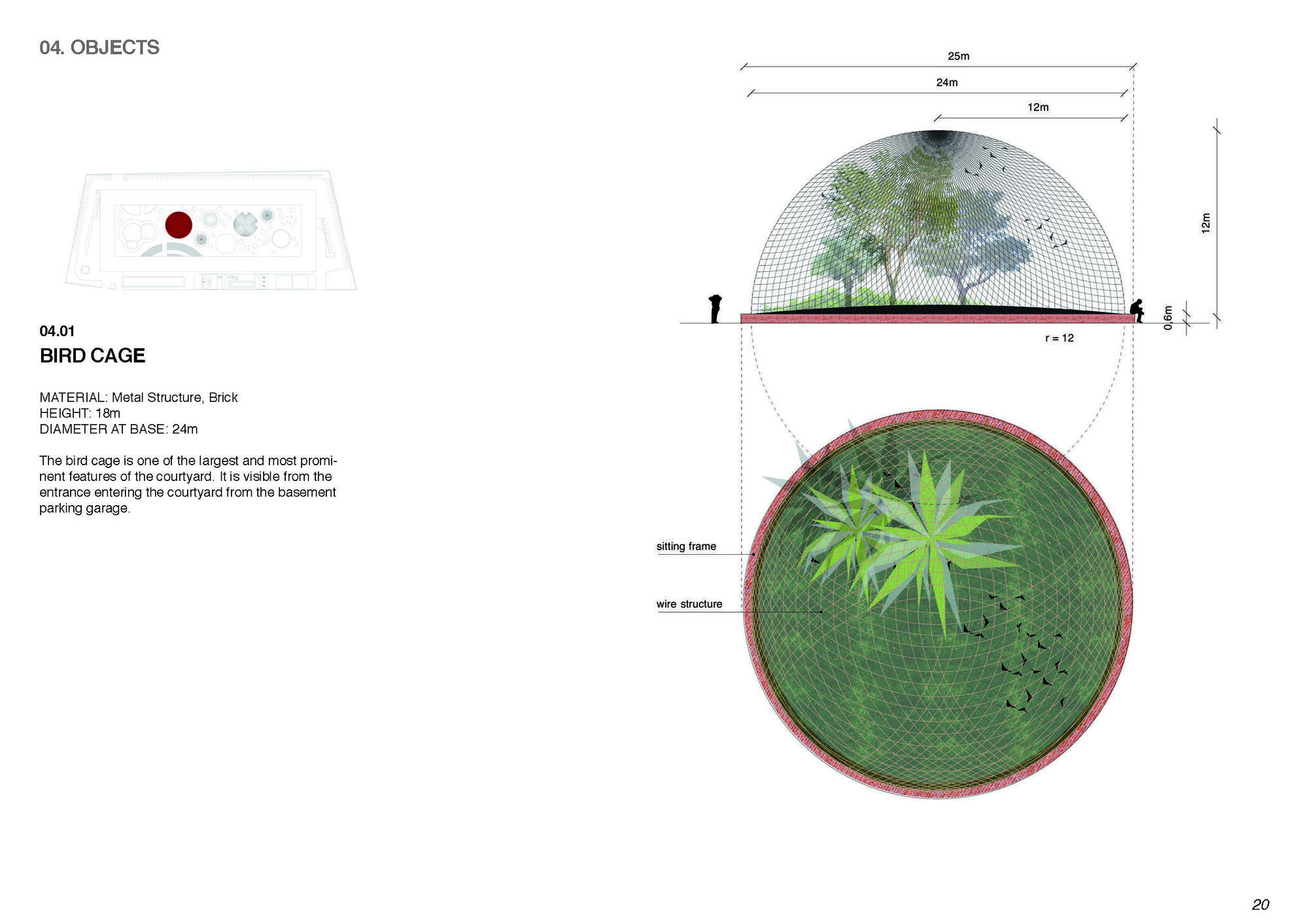 Technical drawing of wire mesh bird cage structure with dimensions and plan showing interior palm tree