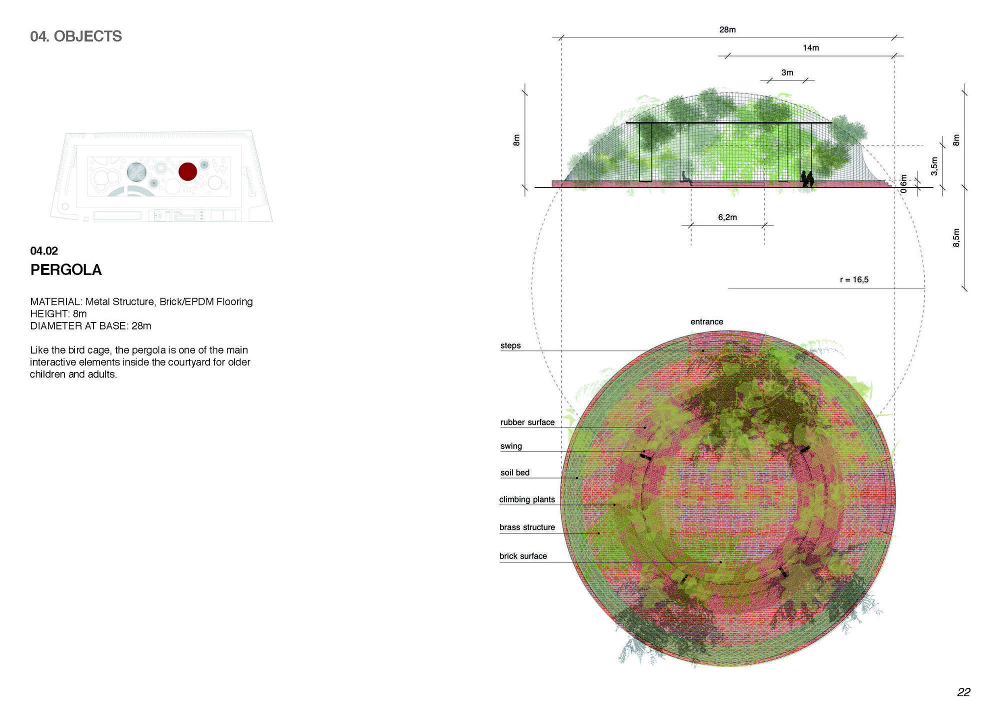 Plan and section drawings showing a circular structure with planted canopy and labeled material layers