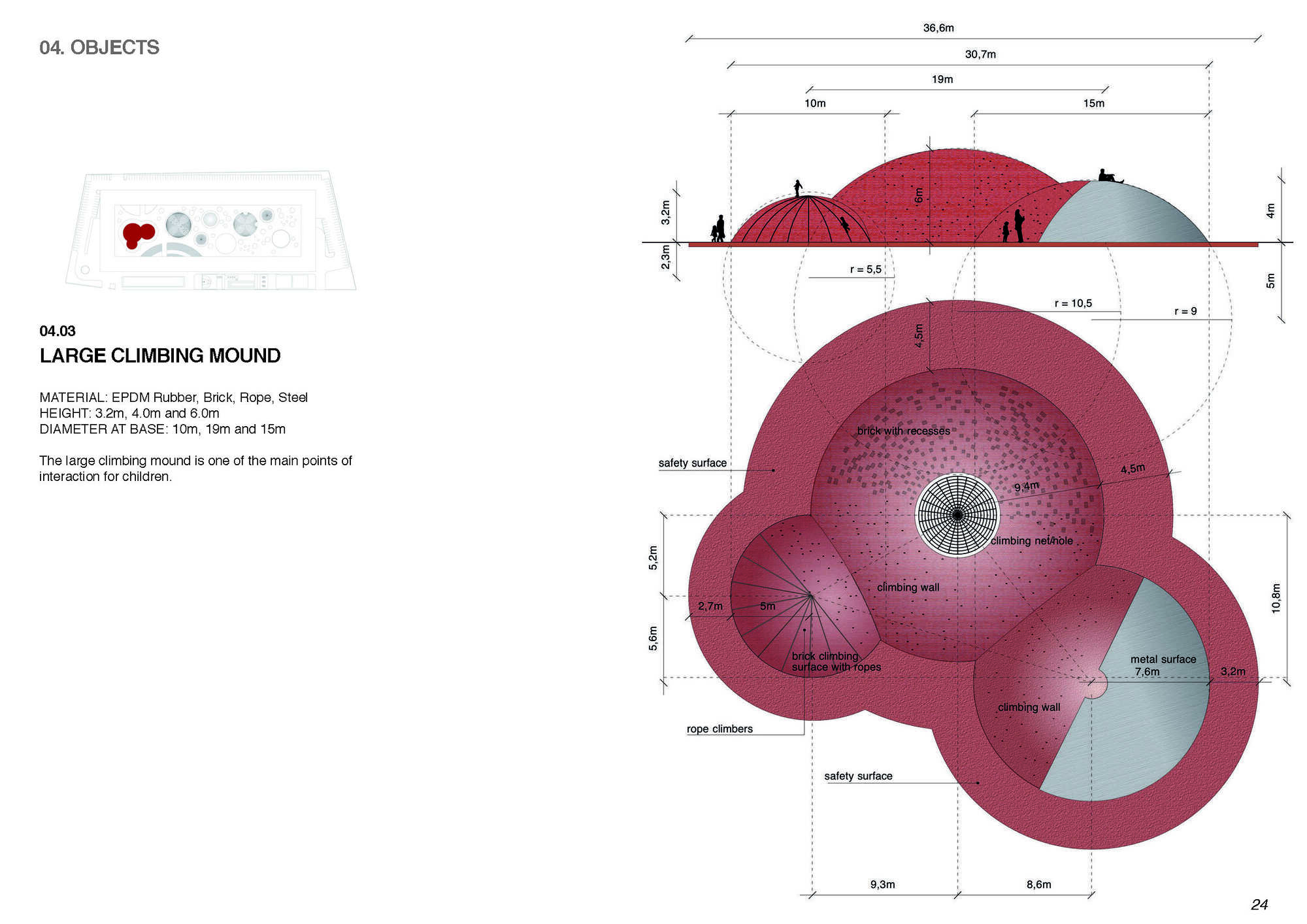 Section and plan drawings depicting interconnected dome forms with annotated climbing and safety surfaces