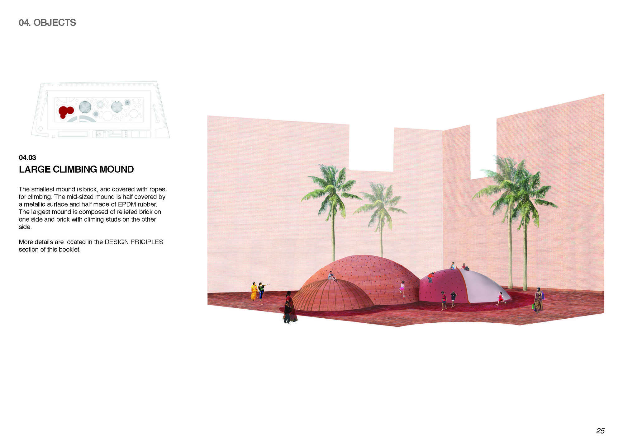 Three rope-covered climbing mounds in a courtyard framed by pink walls and palm trees