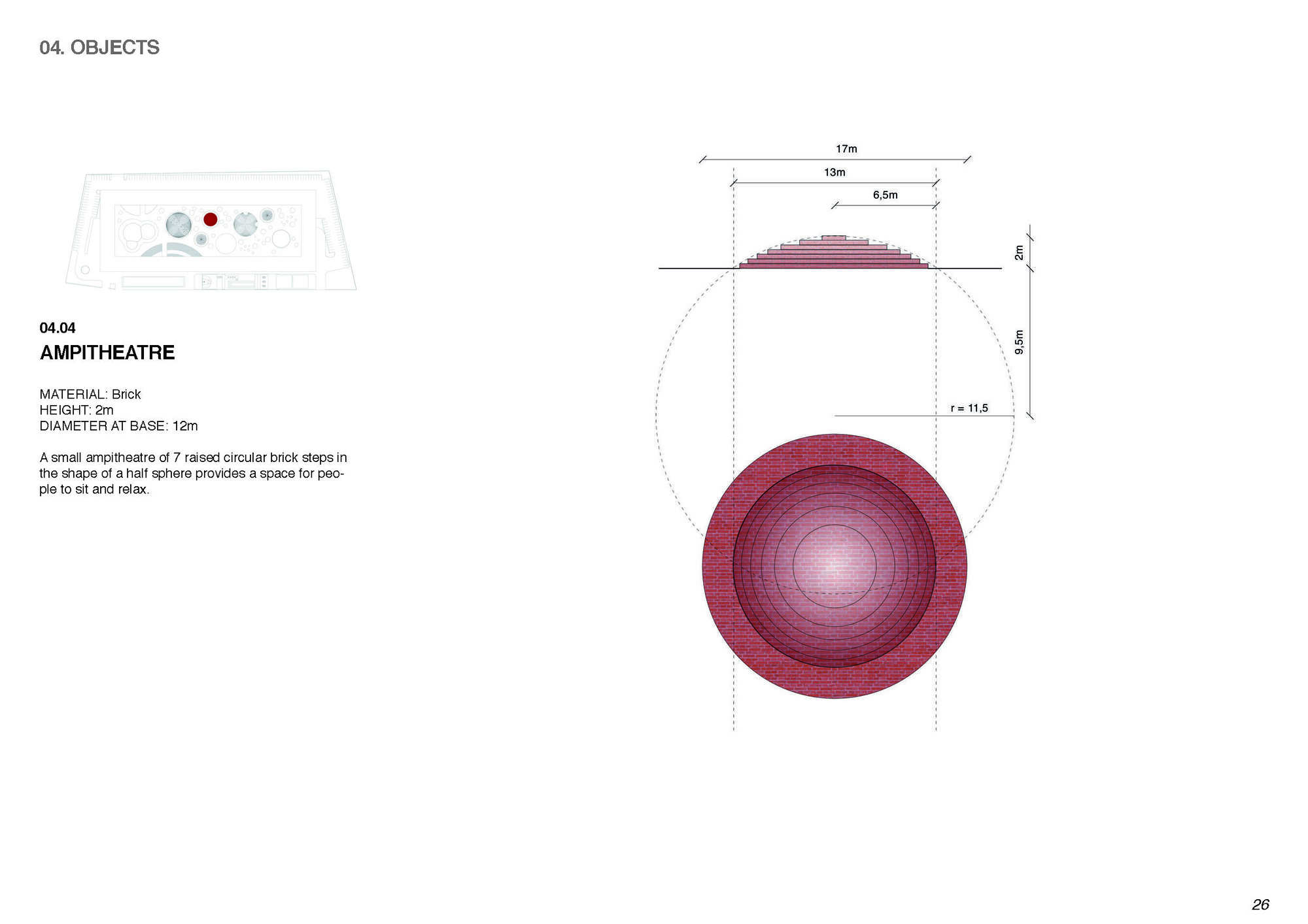 Section and plan drawings of a circular amphitheater with concentric stepped seating rings