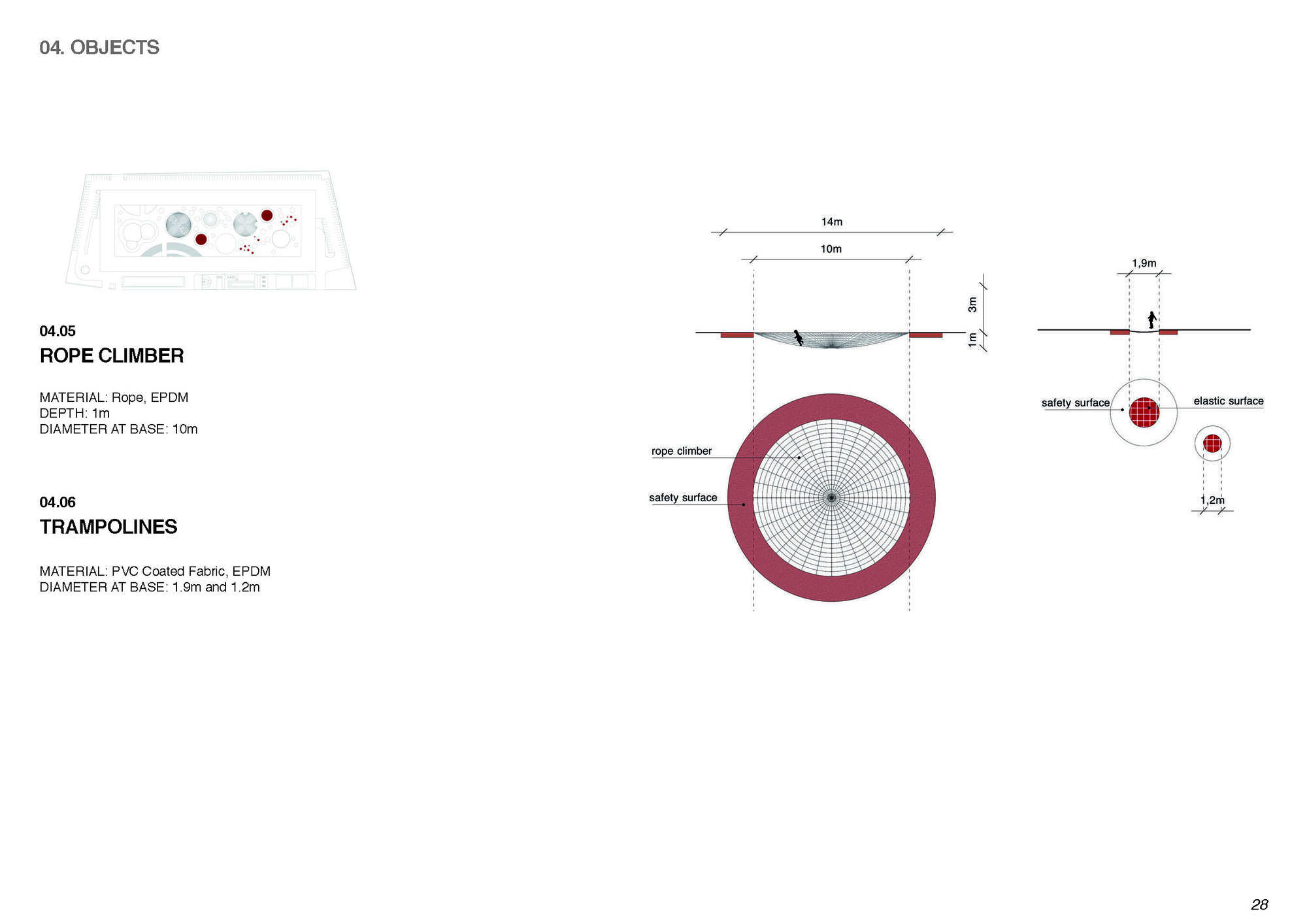 Plan and section drawings showing a circular rope climber and trampolines with dimensional annotations