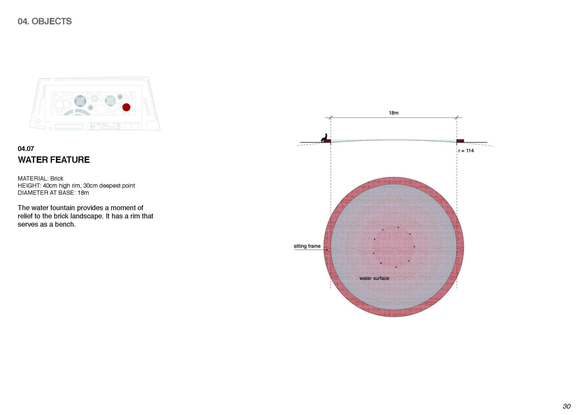 Plan and section drawings of a circular water feature with brick rim and fountain jets