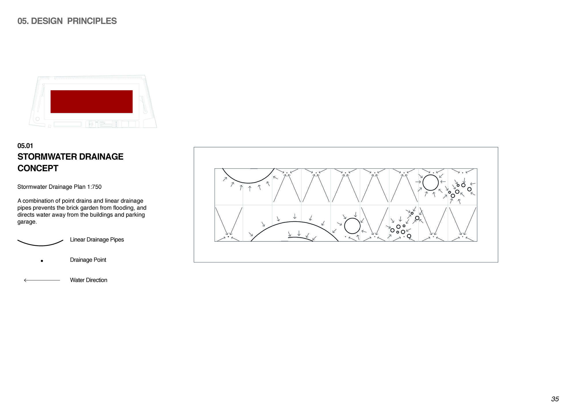 Plan drawing showing stormwater drainage concept with linear pipes and point drains directing water flow