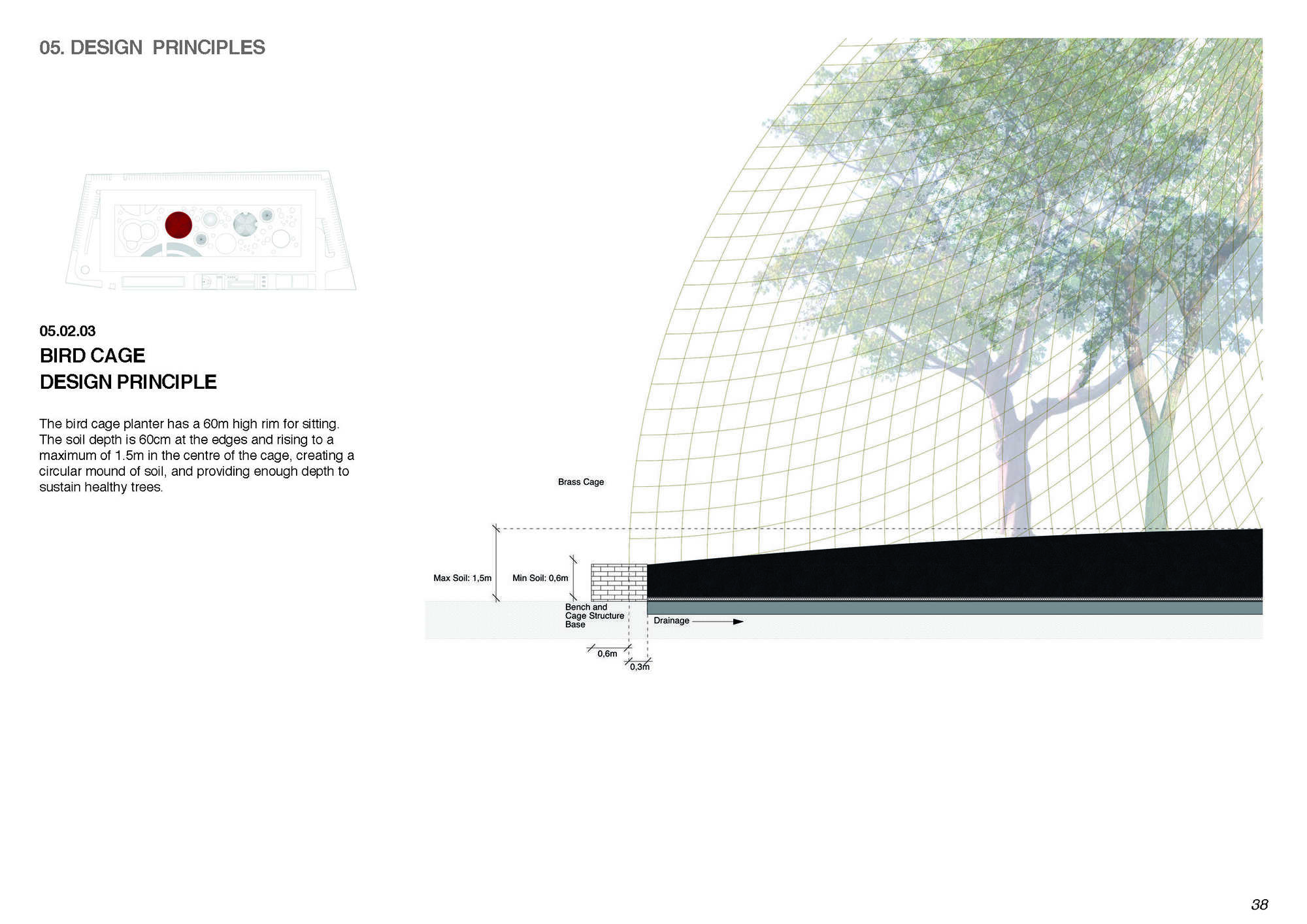 Section drawing showing wire mesh bird cage with trees and drainage system below brick pavers