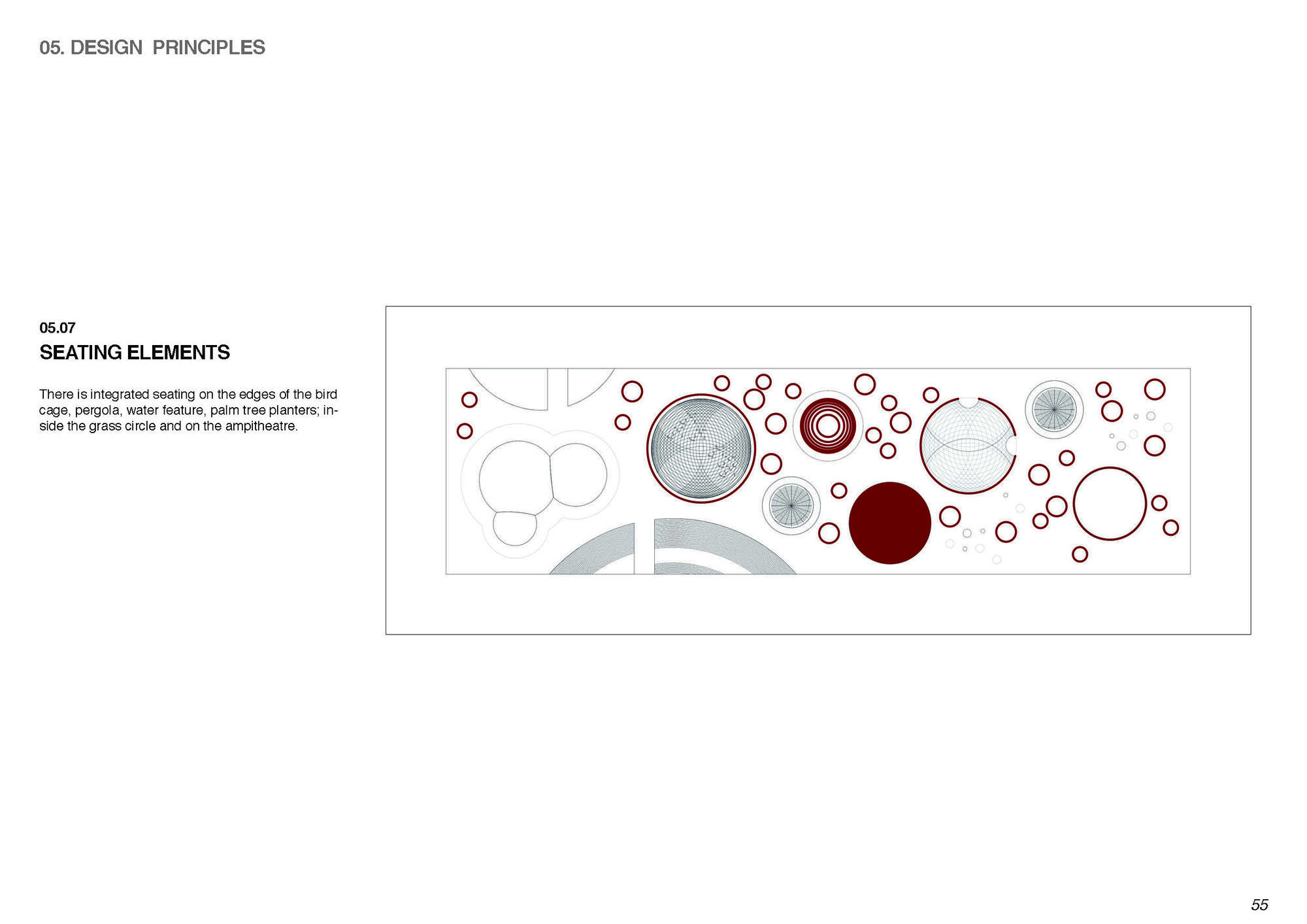 Plan drawing showing circular seating elements and water features scattered across a rectangular site