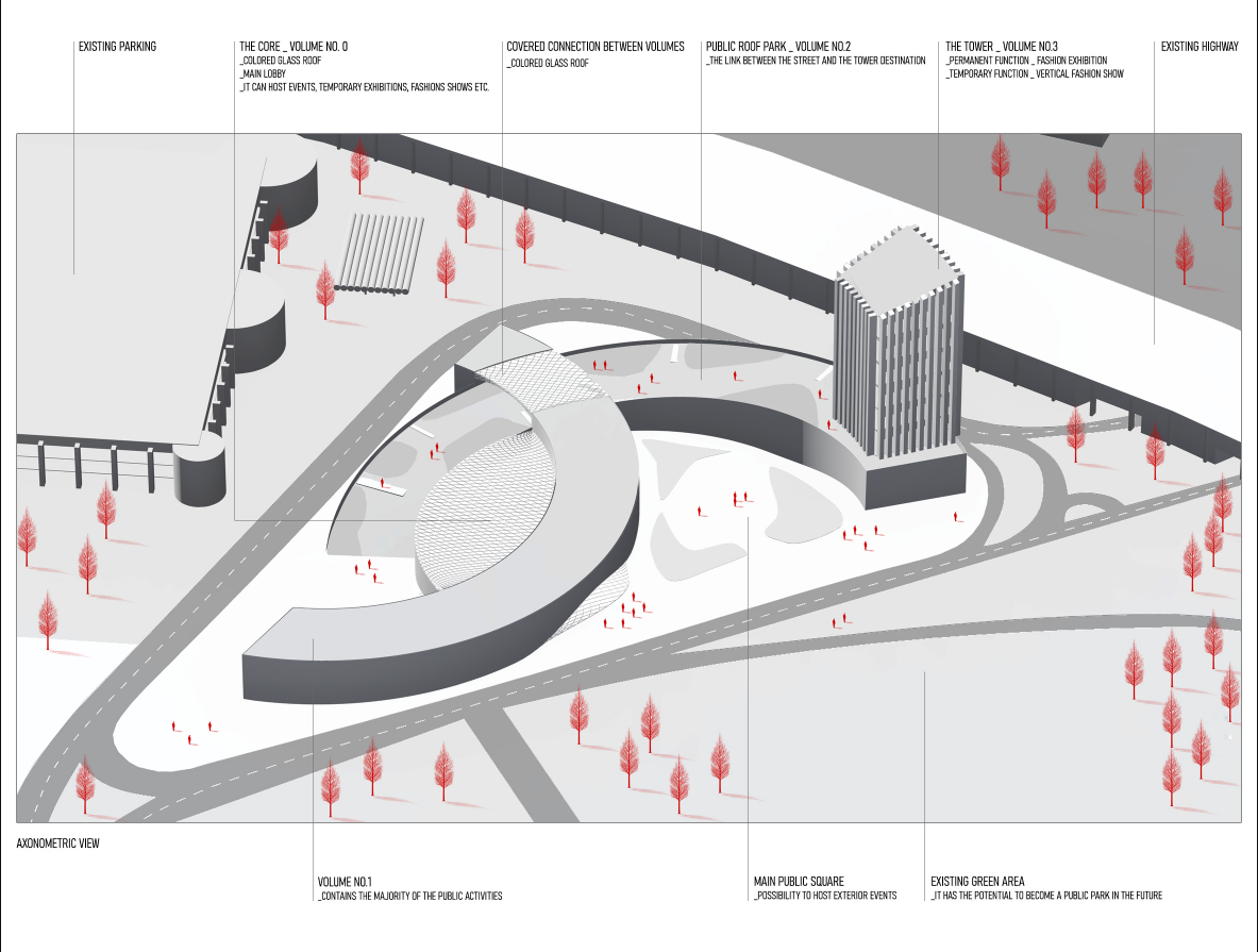 Axonometric view showing Vector Hub’s public roof park, exhibition volumes, tower, plaza, and urban connections.