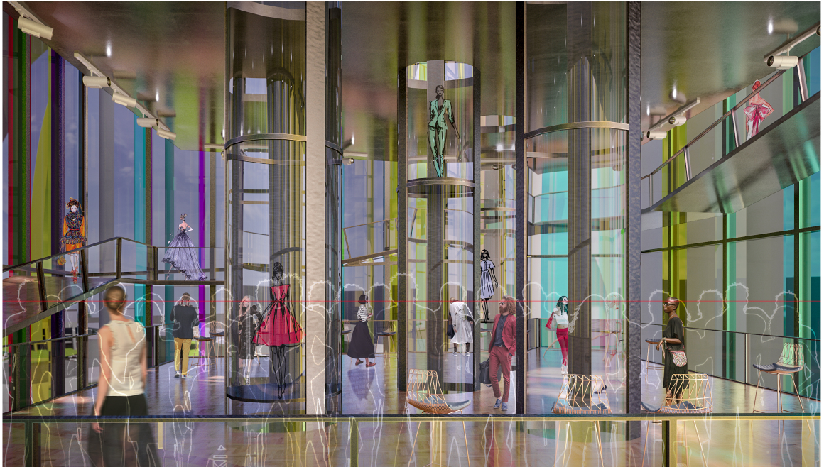 Interior view of the vertical fashion show tower, where glass tubes, ramps, and displays create an immersive fashion experience.