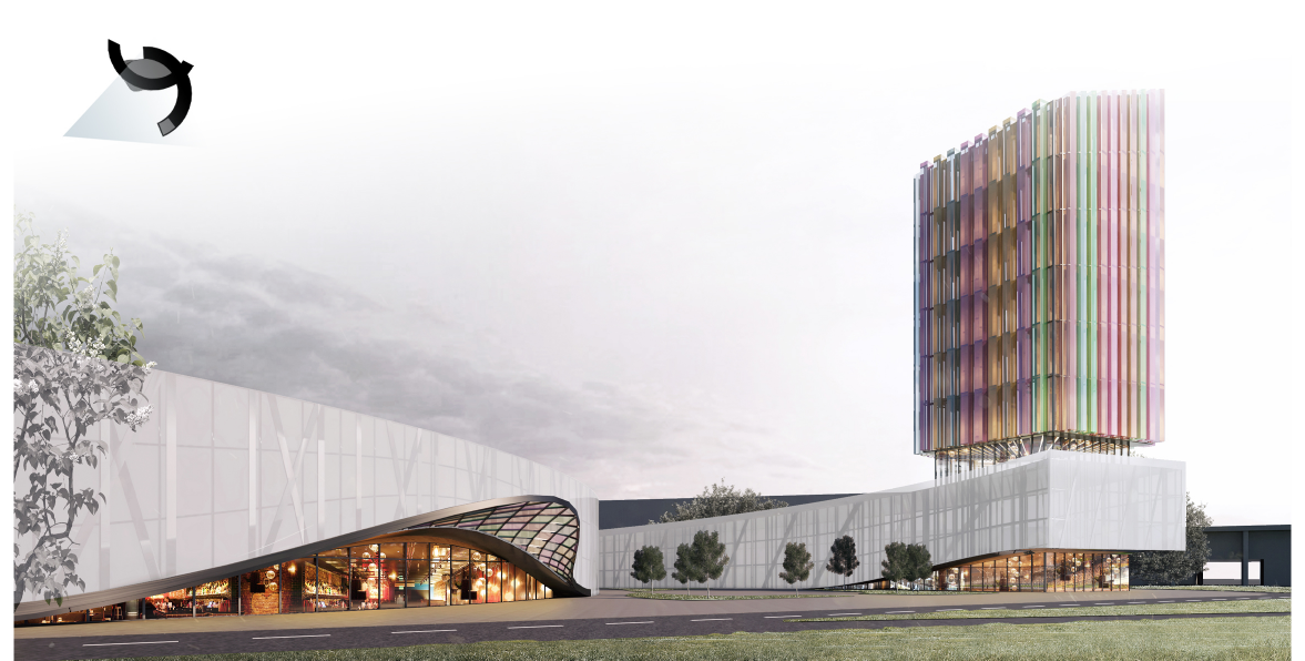 Street-level view of Vector Hub, combining public fashion spaces, glazed entrances, and a vibrant landmark tower.