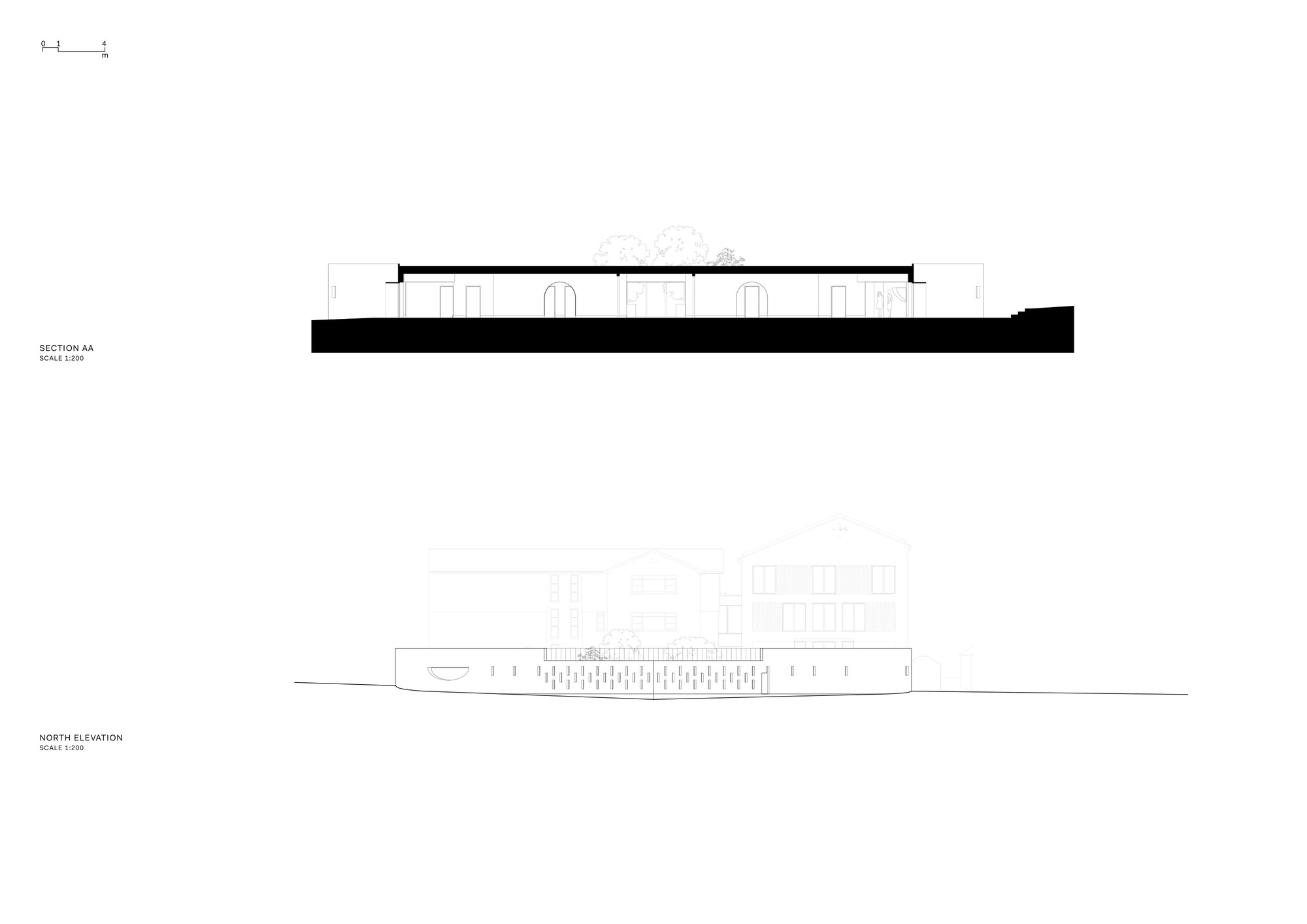 North elevation drawing depicting the horizontal building profile with terraced landscape integration