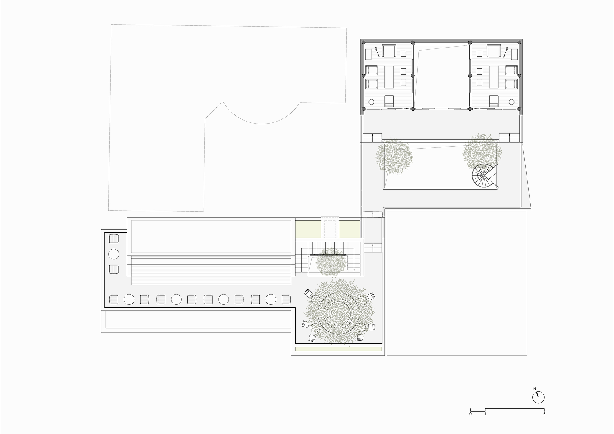 Upper floor plan drawing showing stepped volumes with terrace spaces and central planted areas