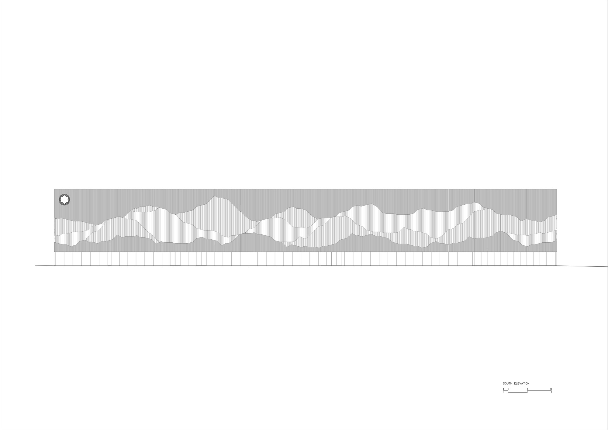 Elevation drawing depicting the undulating roof profile with vertical timber cladding below
