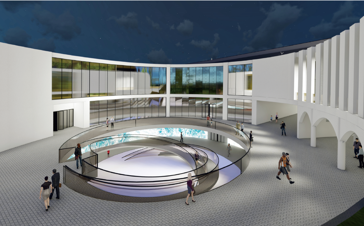 Central circular plaza designed for movement, gathering, exhibitions, and public interaction.