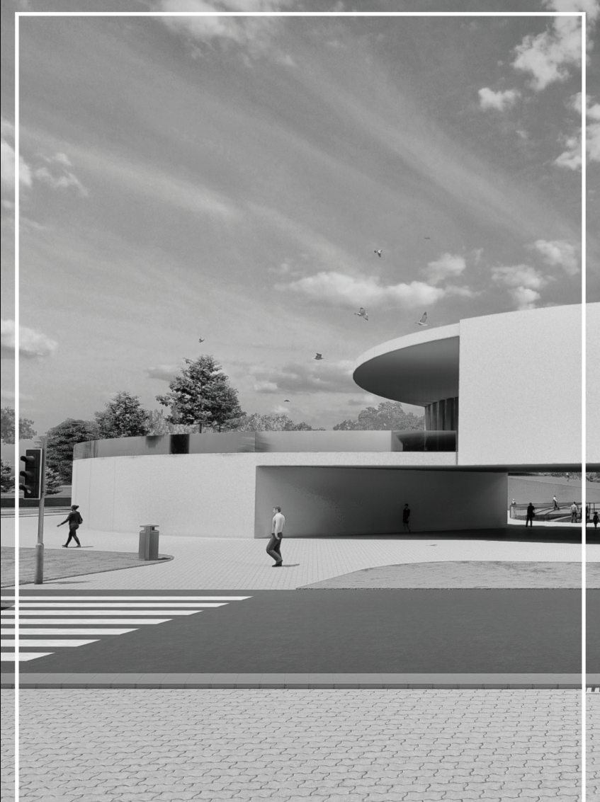 Black-and-white exterior view emphasizing the building’s clean massing and civic character.