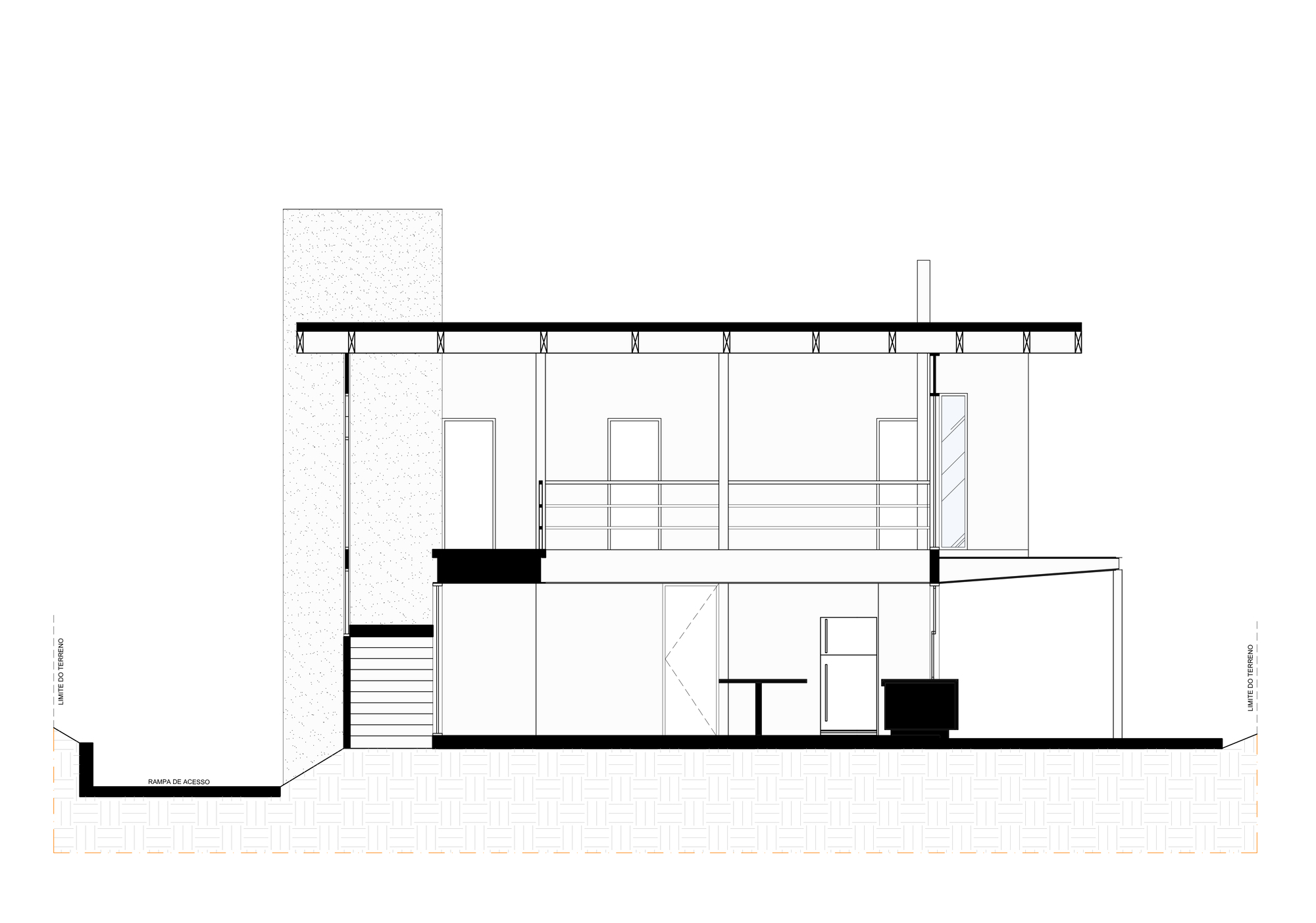 Section drawing revealing two-story interior volumes, staircase, and flat roof with exposed structural beams