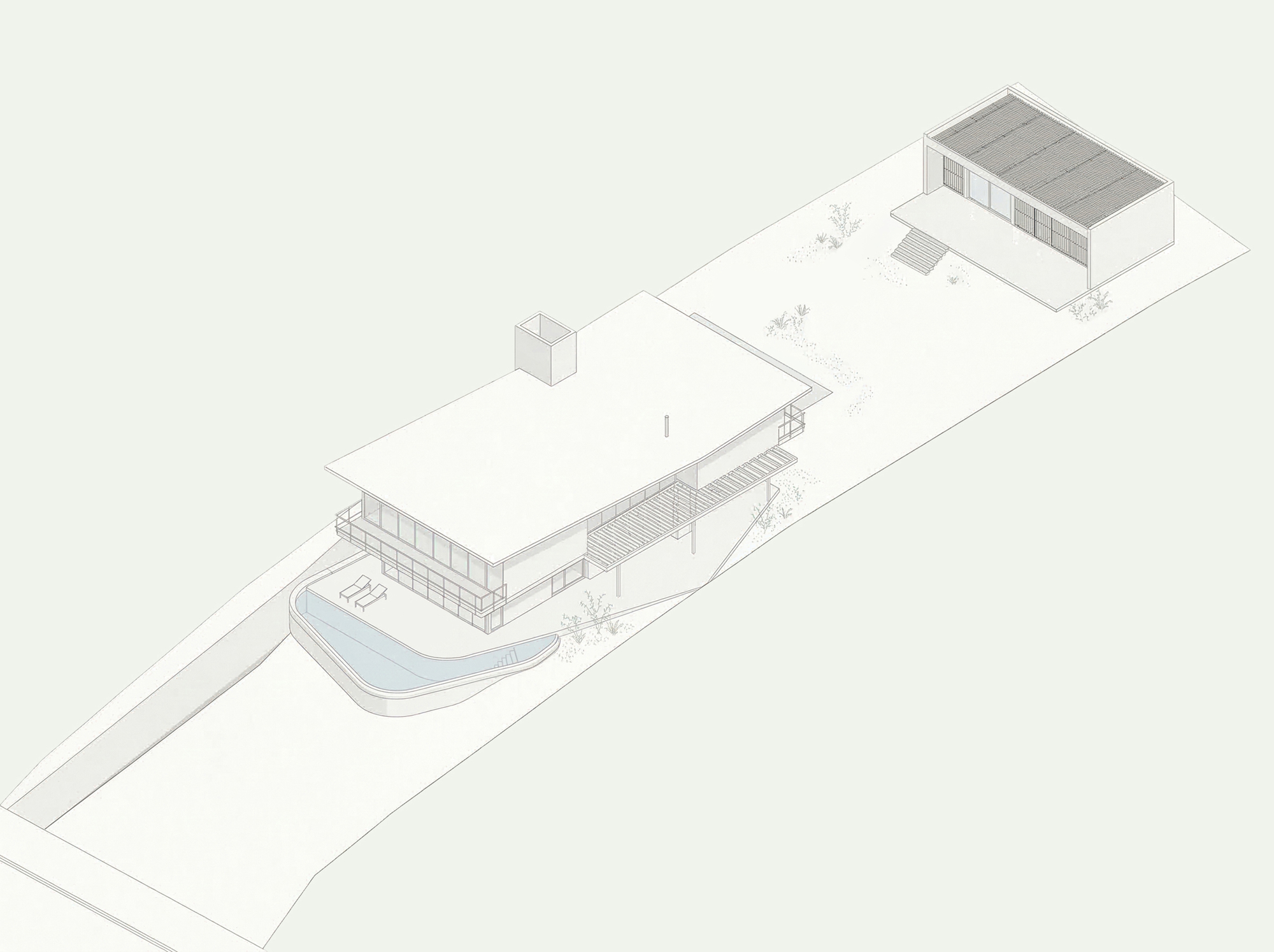 Axonometric drawing showing two low-rise volumes connected by a covered walkway with a curved water feature