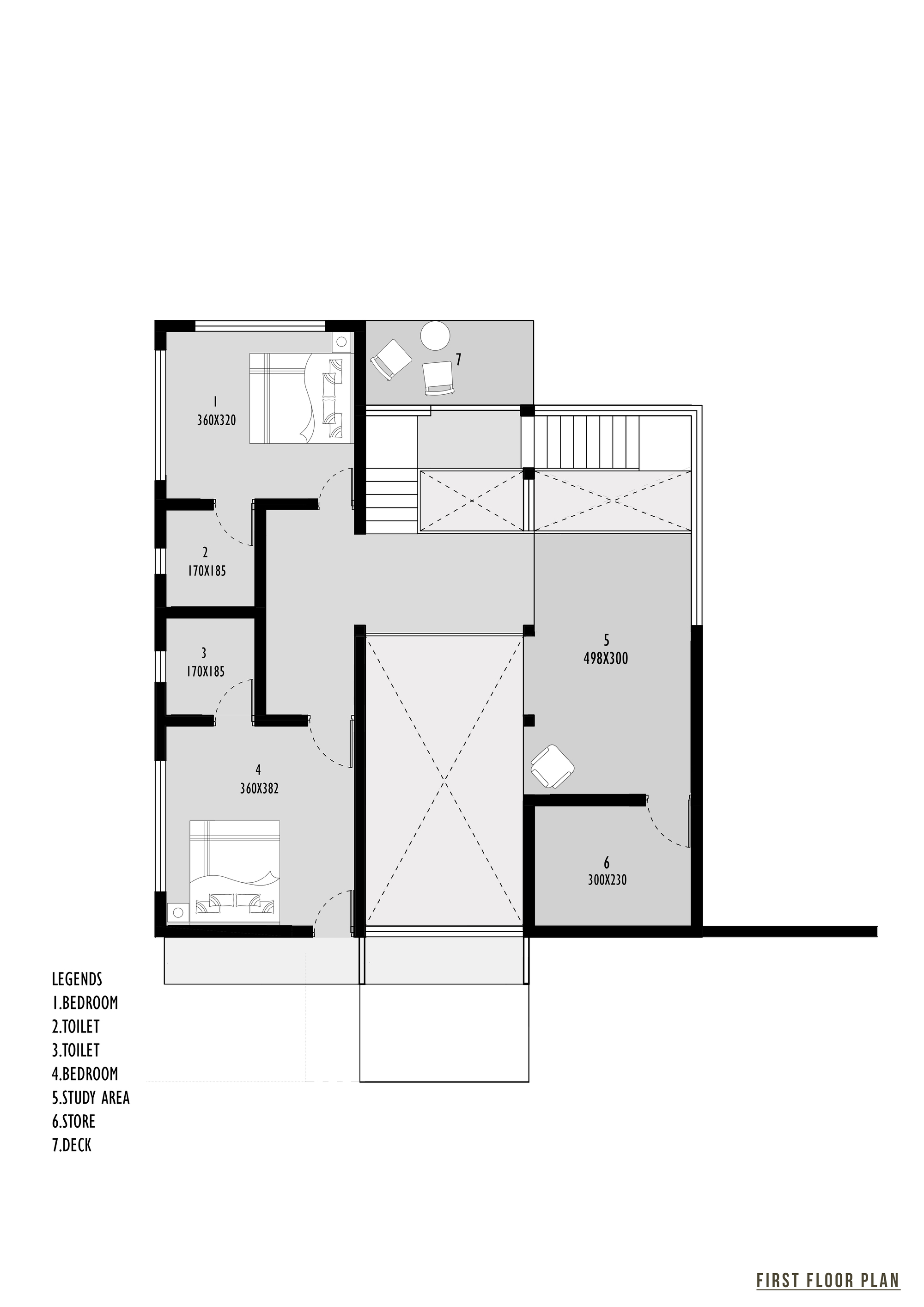 First floor plan drawing showing bedrooms, double-height void, study area and deck with labeled legends