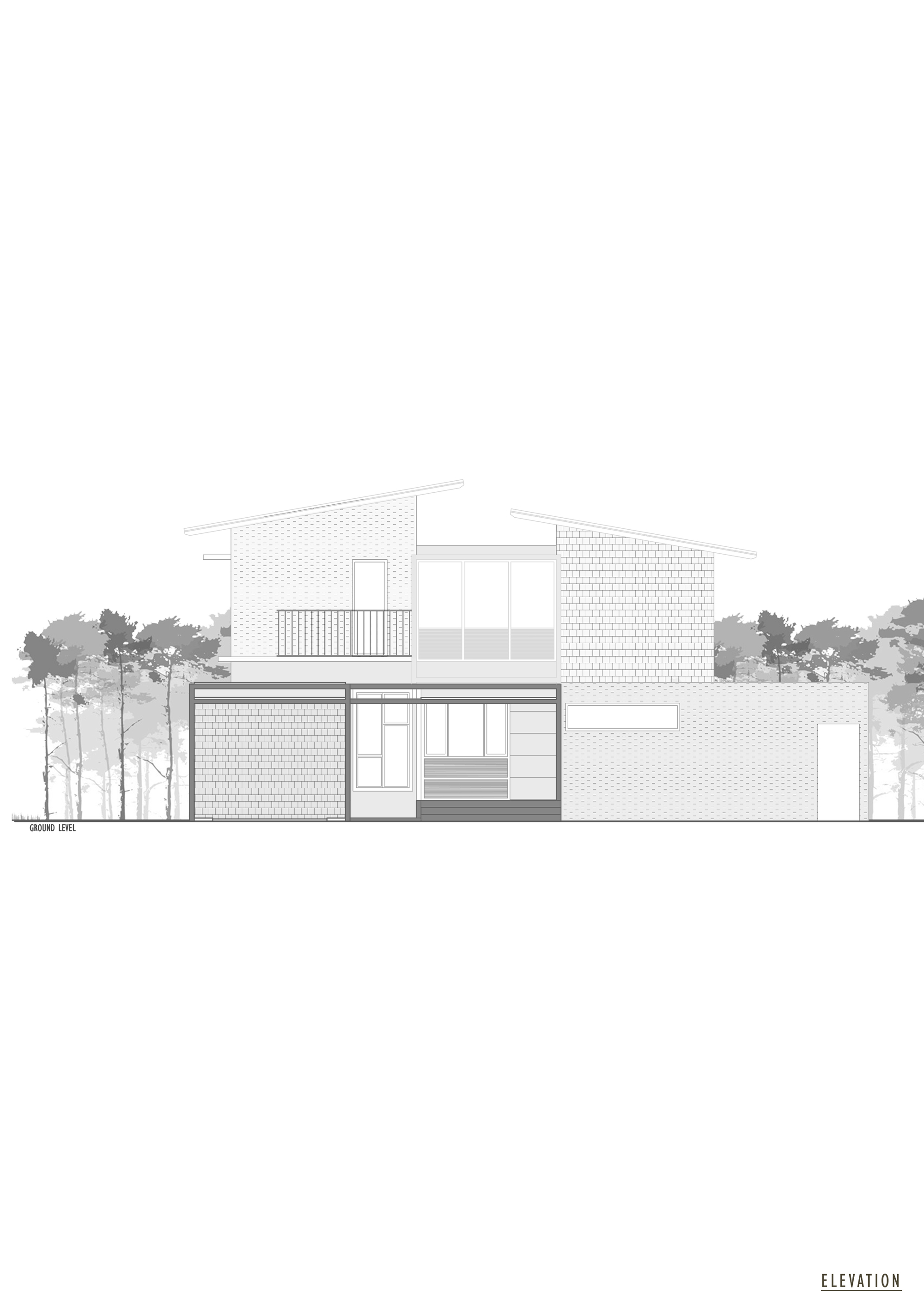 Elevation drawing of a two-story residence with varied roof forms and textured walls among trees