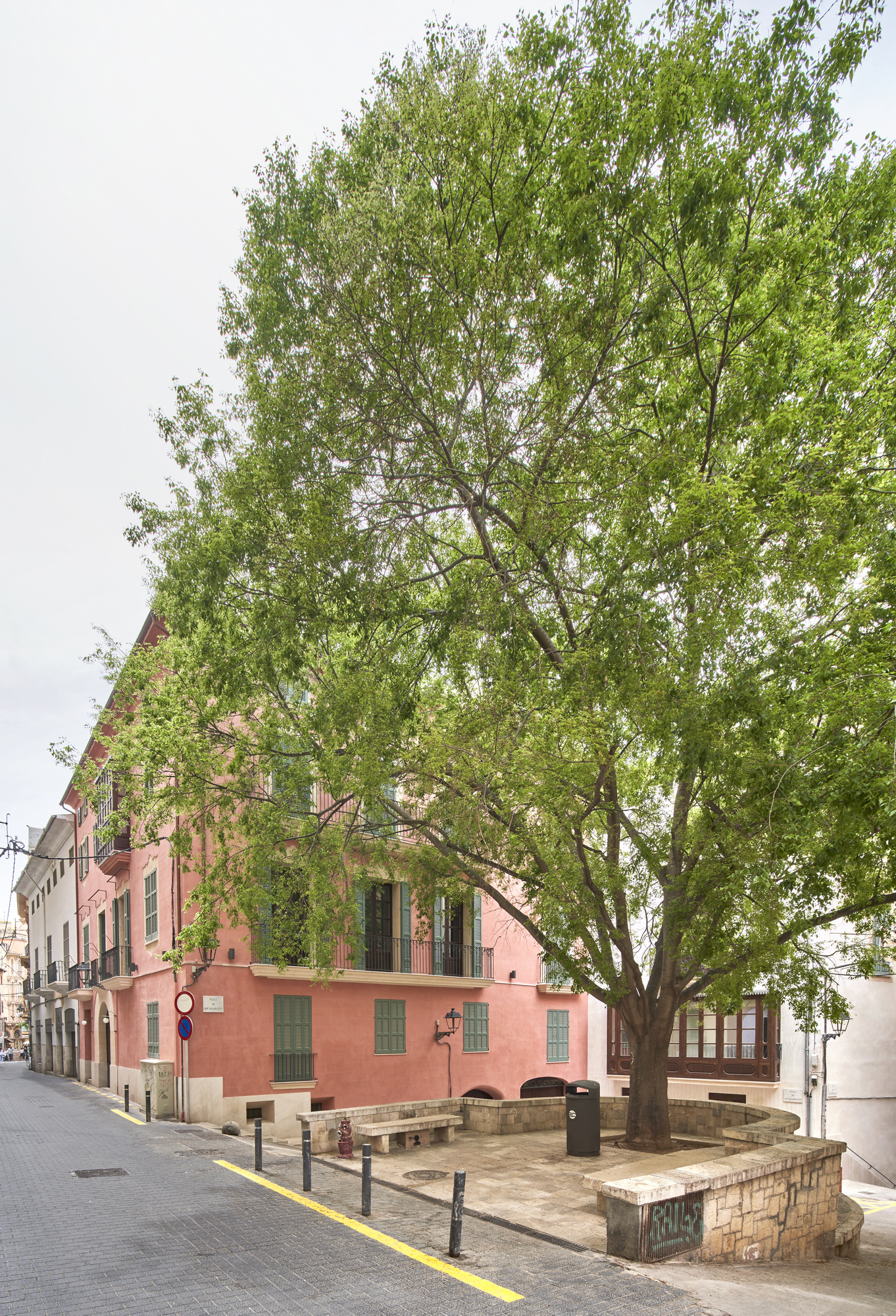 Street view of a coral-painted facade with tree canopy and stone paving under overcast sky