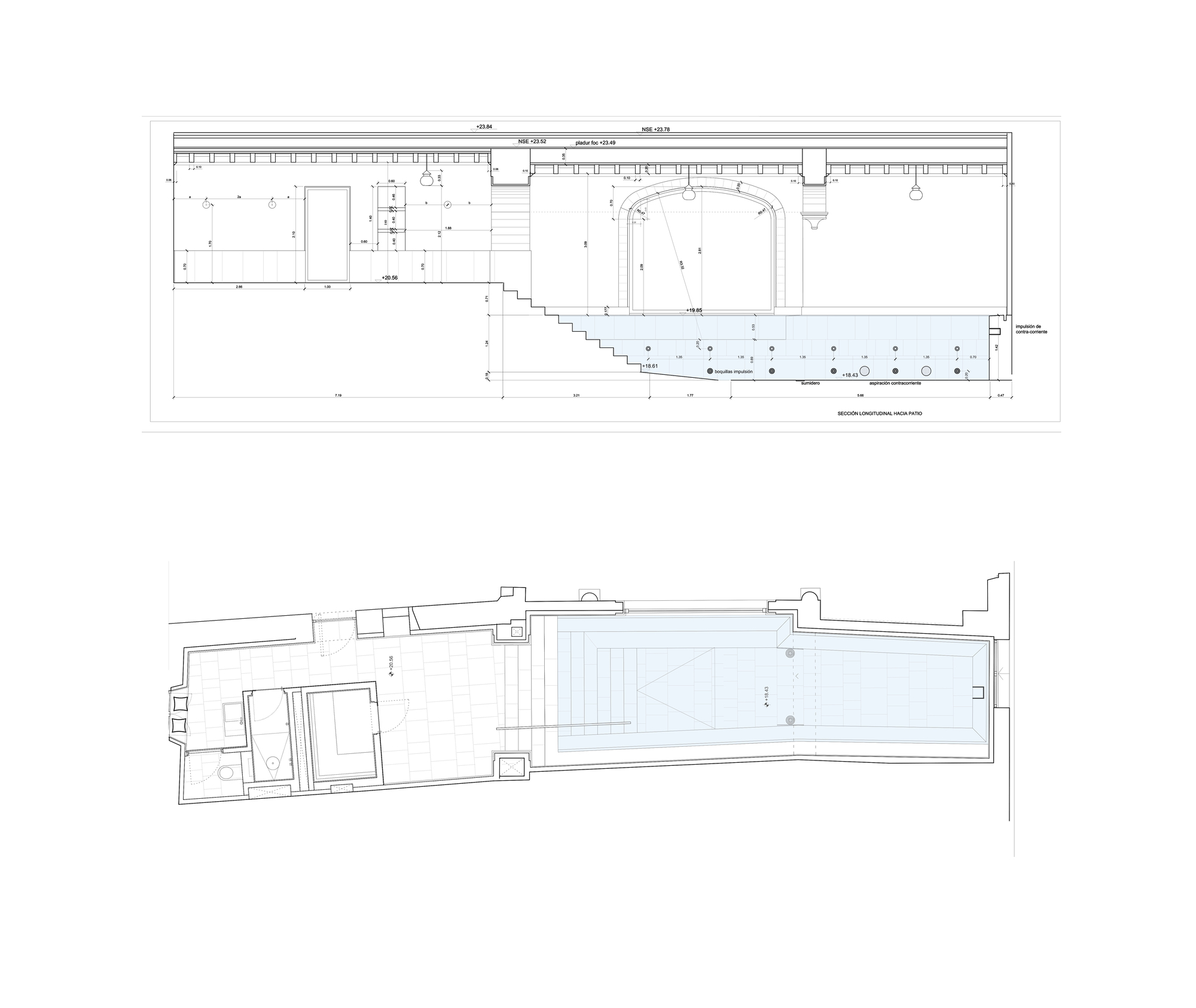 Section and floor plan drawings showing a narrow lot with a pool and staircase