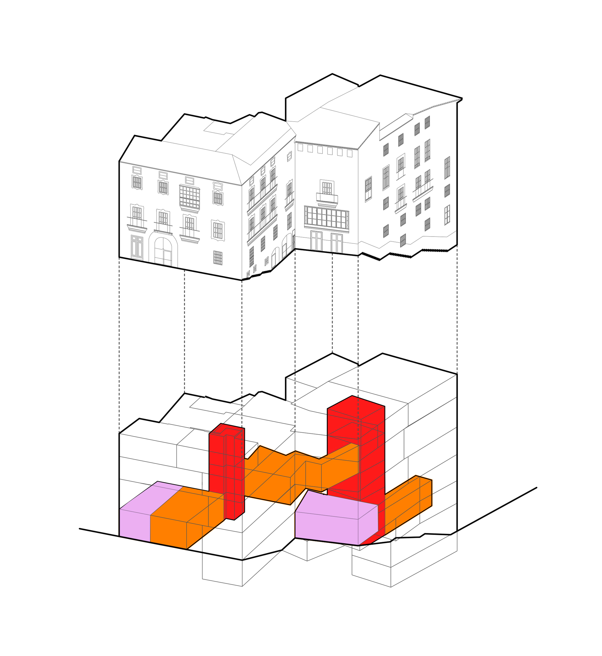 Axonometric diagram showing programmatic volumes in red, orange, and pink below existing building facades