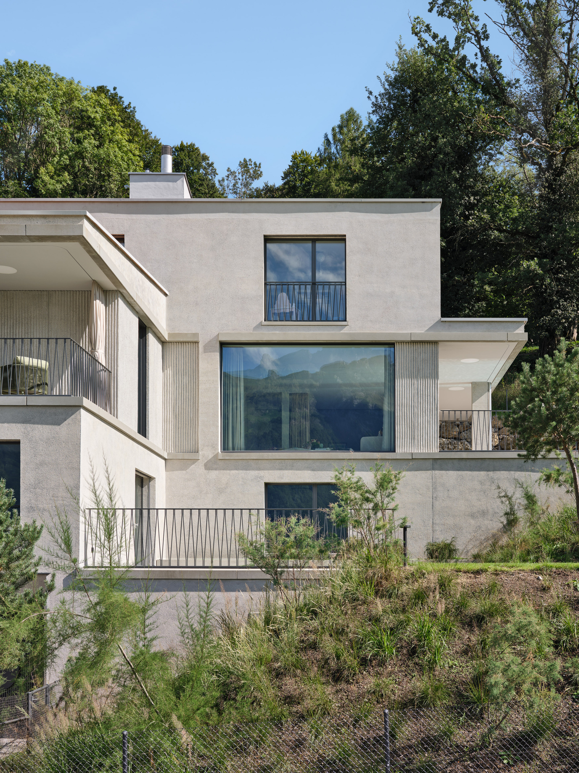 Garden facade with stacked volumes clad in smooth plaster and vertical timber panels surrounded by young trees