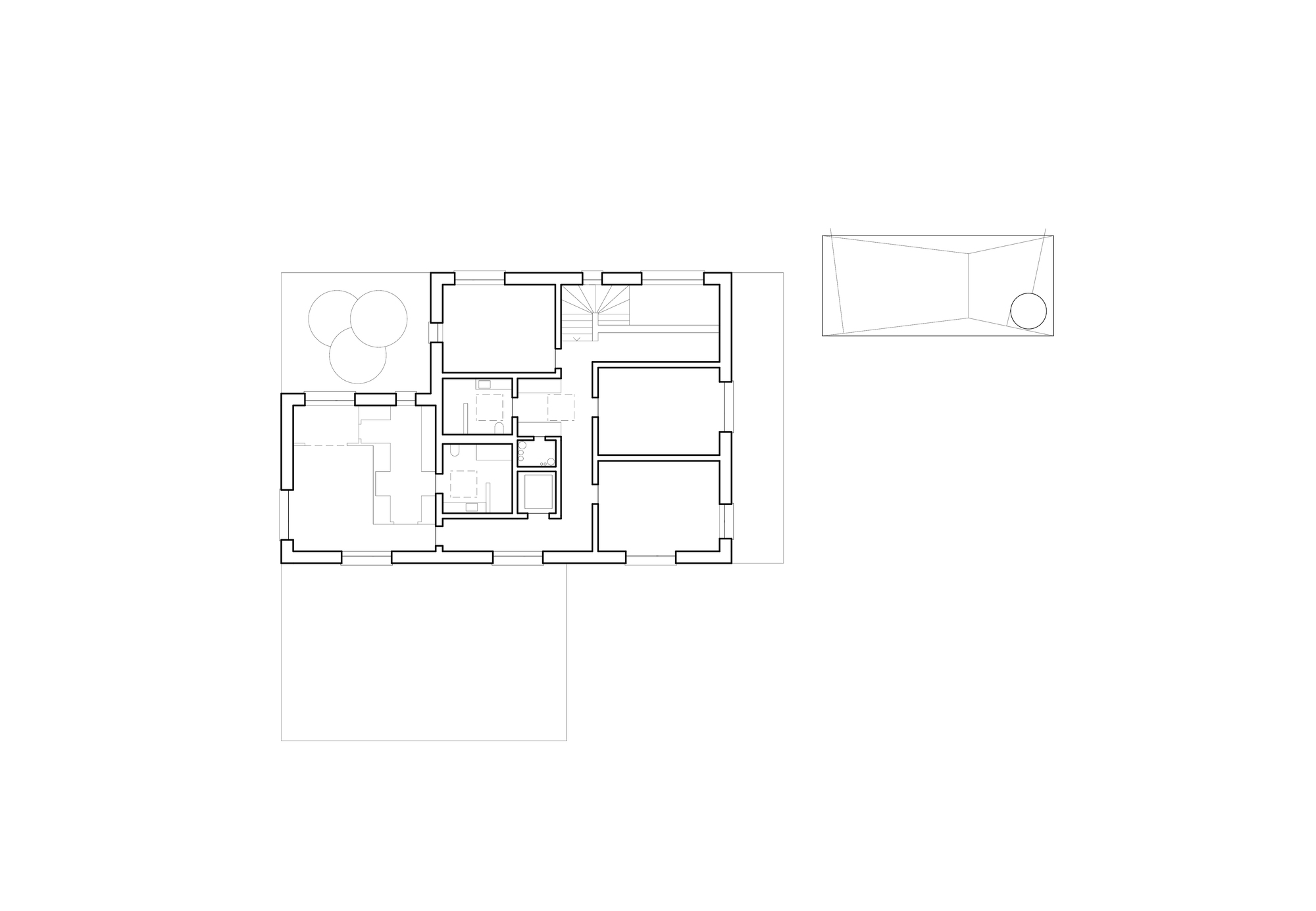 Upper floor plan drawing showing bedroom layout with central stair and adjacent pool outline