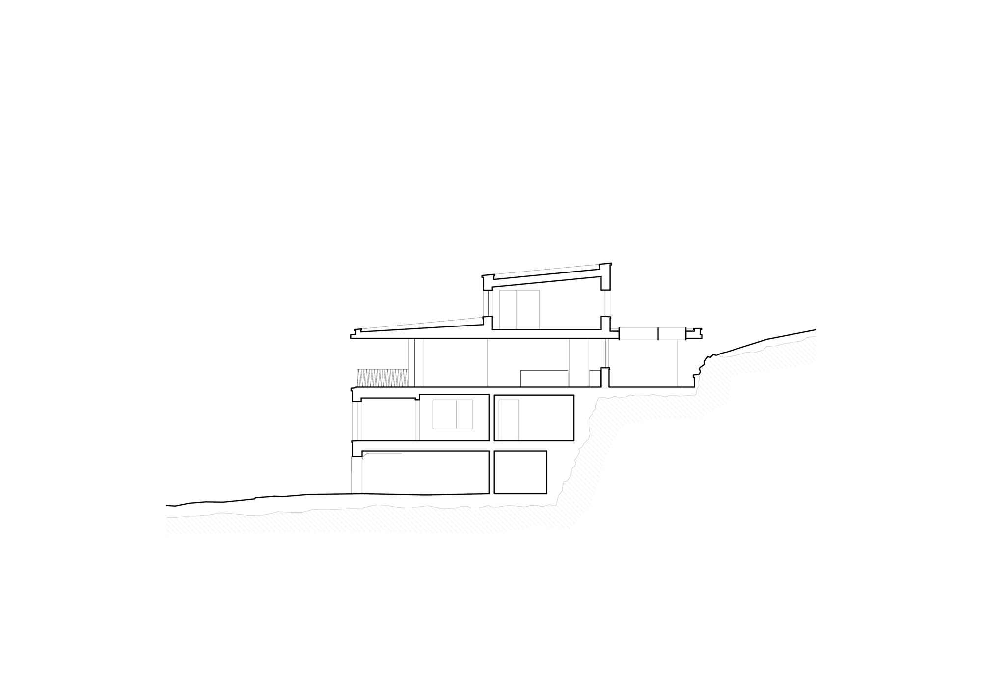 Section drawing revealing staggered floor levels and roof planes on sloping terrain