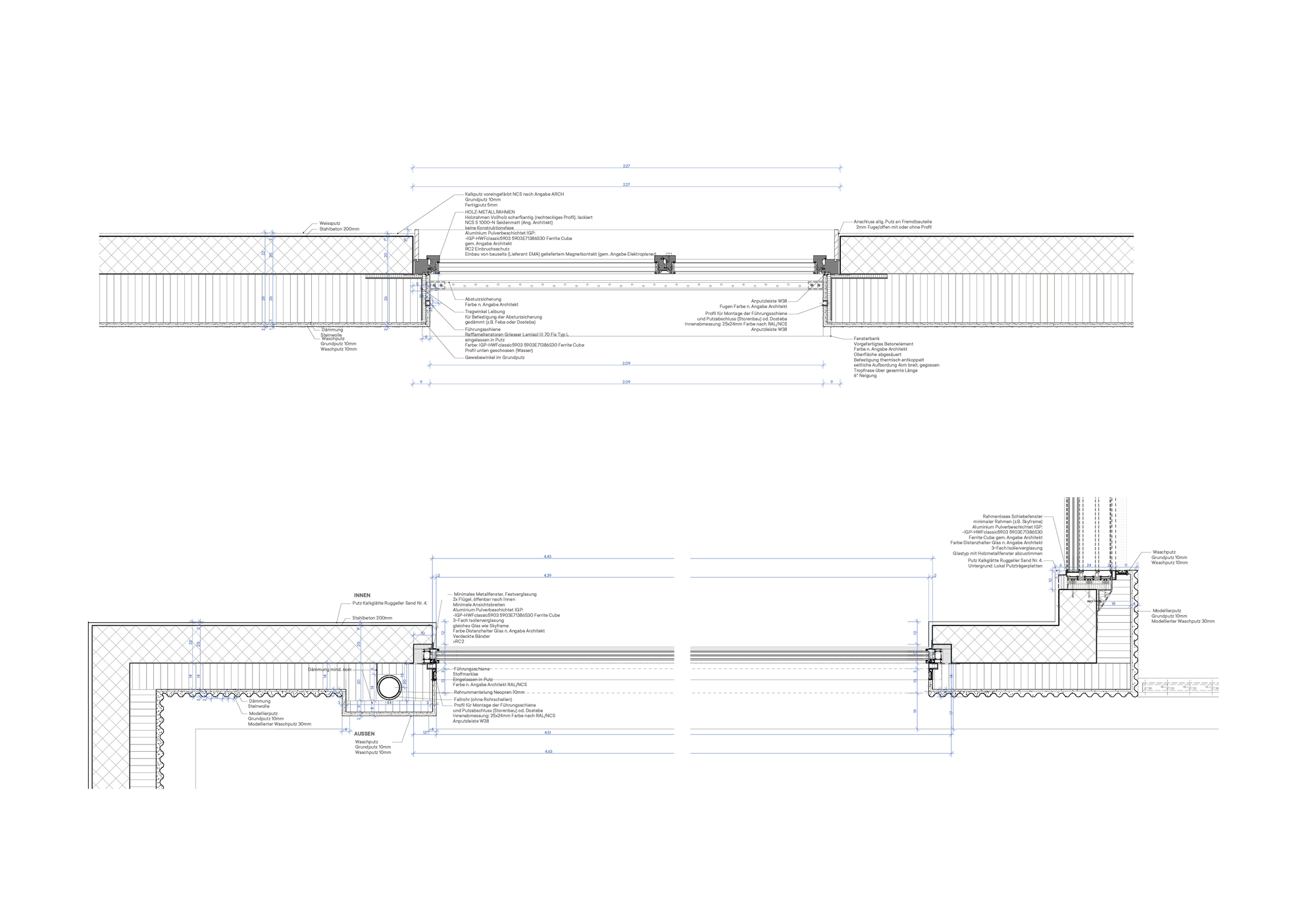 Construction detail drawings showing roof and foundation assembly connections with material callouts