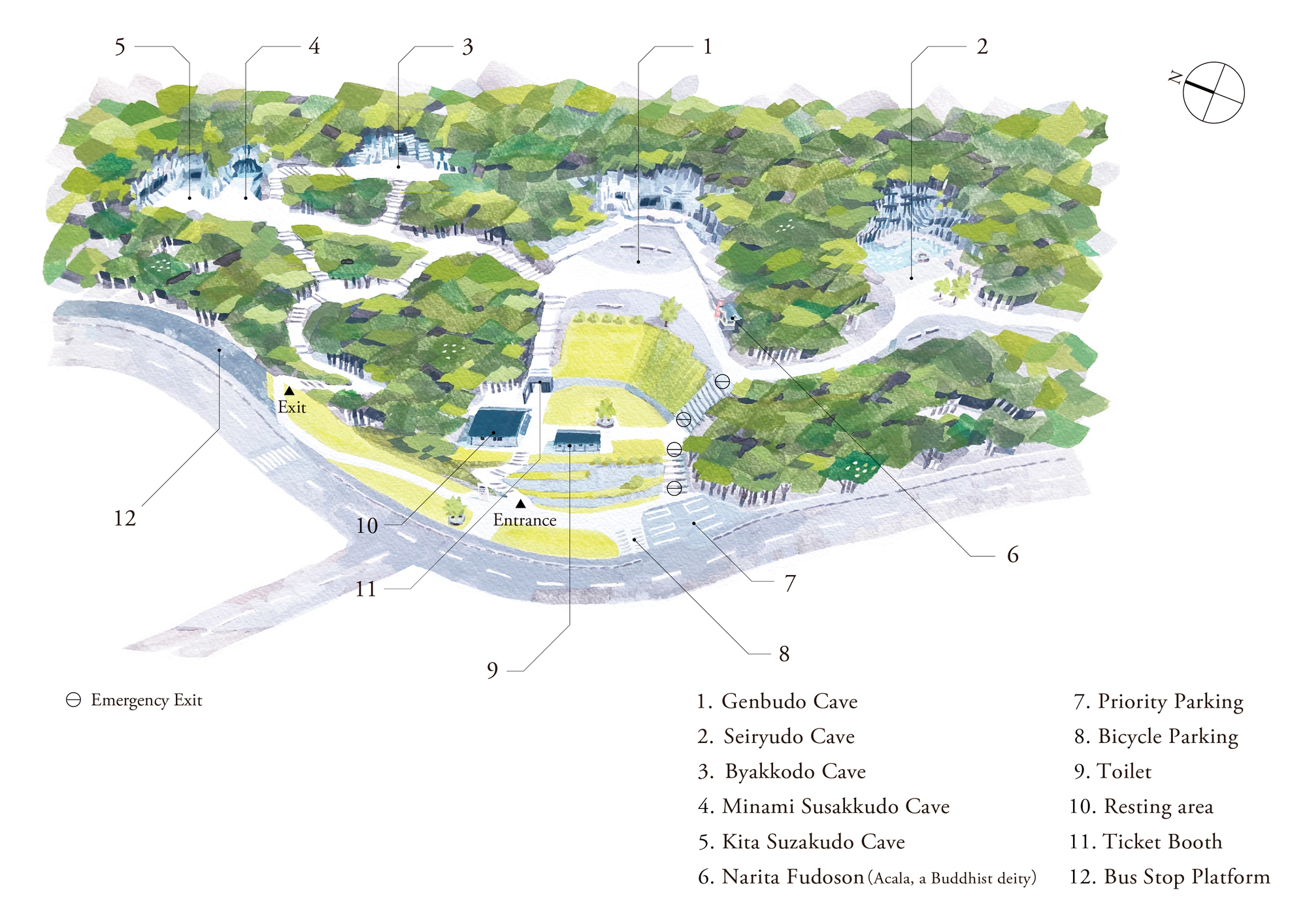 Watercolor site plan drawing showing forested landscape with numbered zones and parking areas