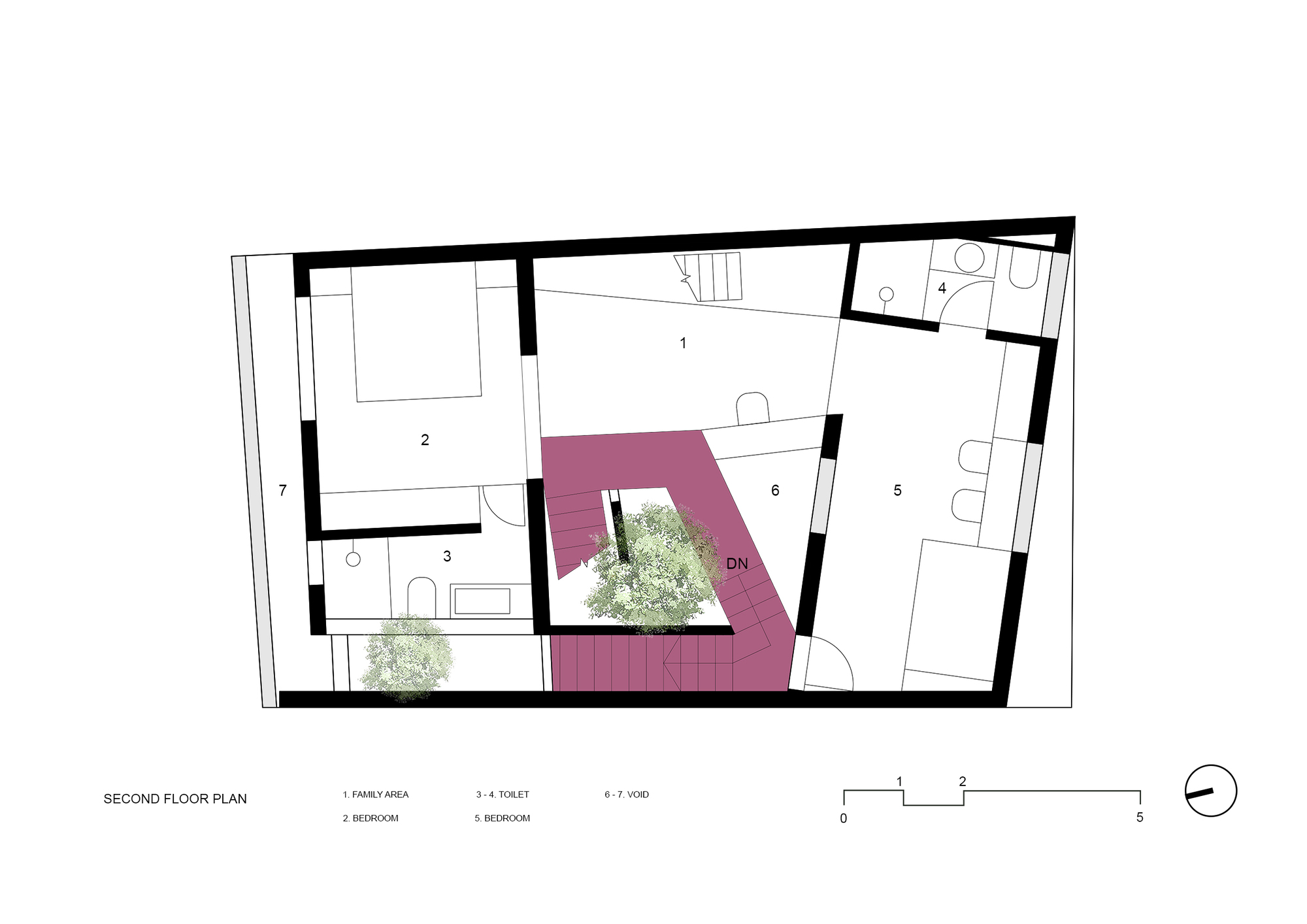 Second floor plan drawing showing bedrooms and family area organized around a stairwell and central void