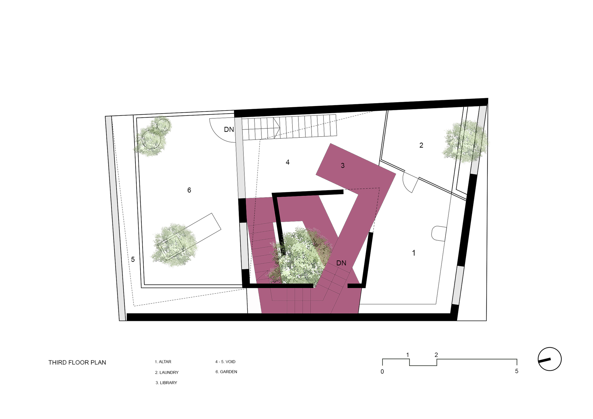 Third floor plan drawing showing the rooftop altar, laundry, and library spaces surrounding the central planted opening