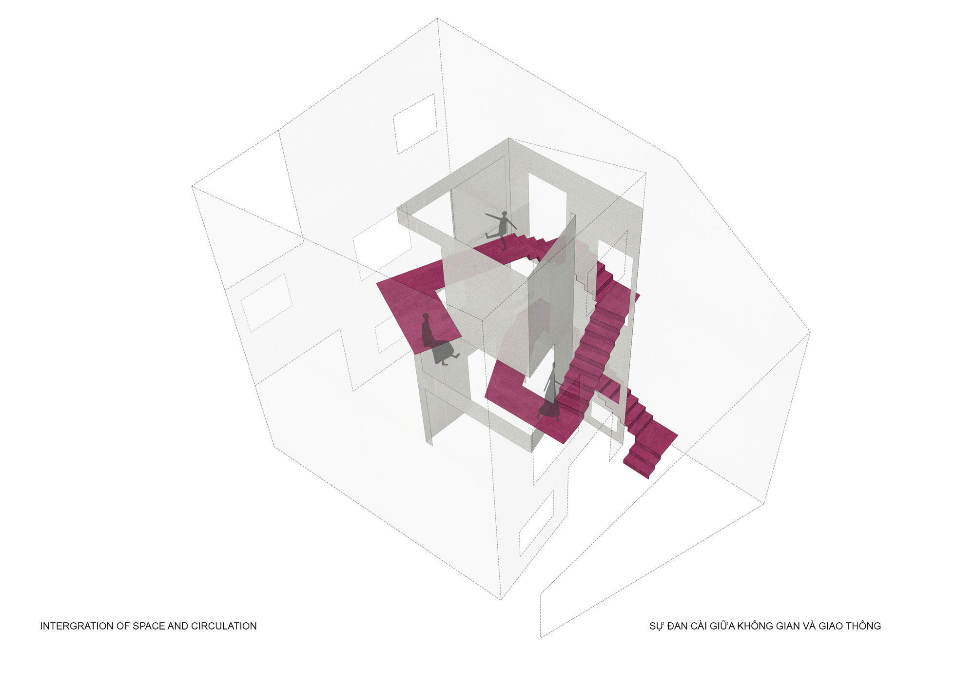 Axonometric cutaway drawing showing zigzagging magenta staircase winding through a central concrete void with figure