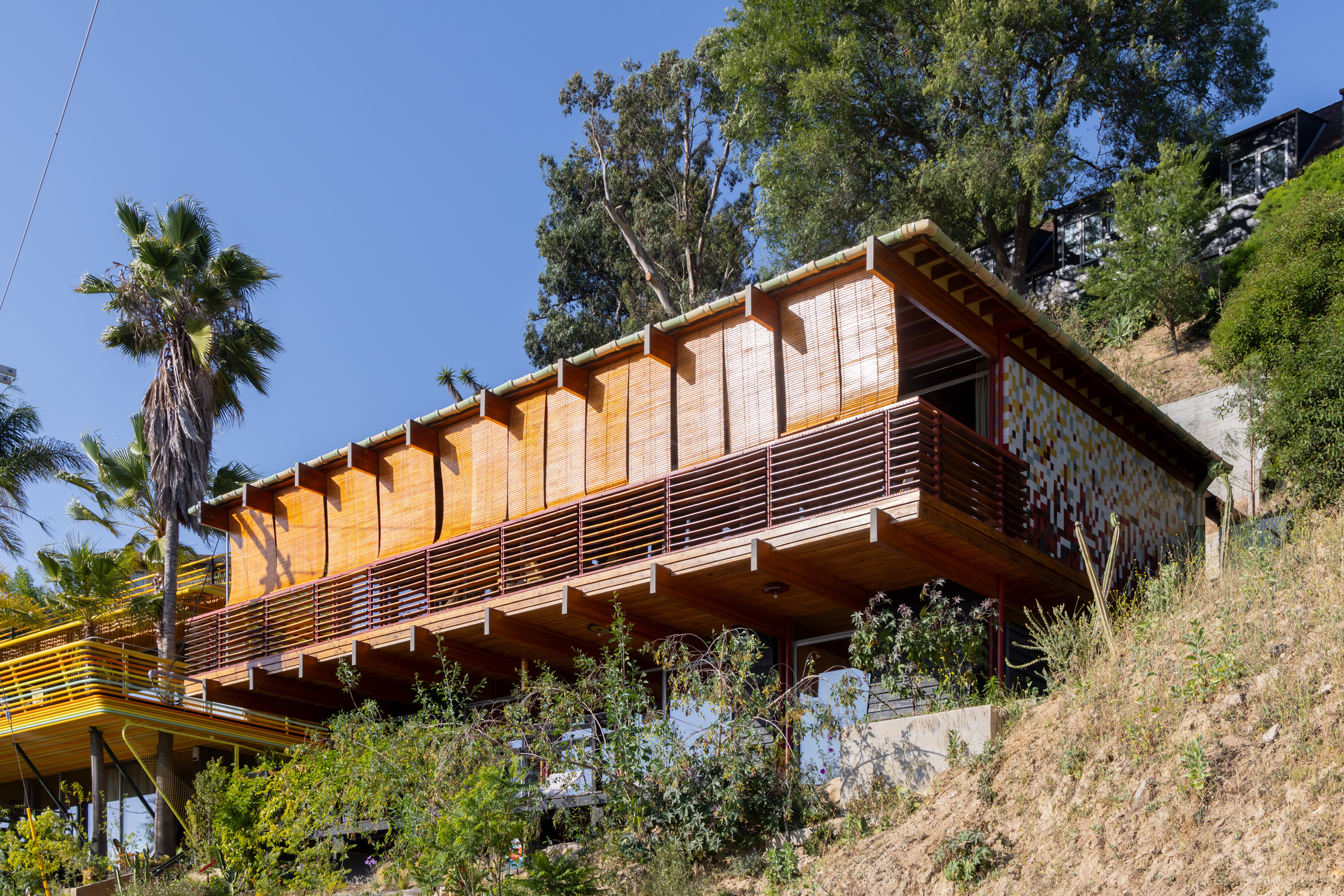 Cantilevered timber volume with horizontal slatted railings and glulam beams over sloped hillside with palm trees