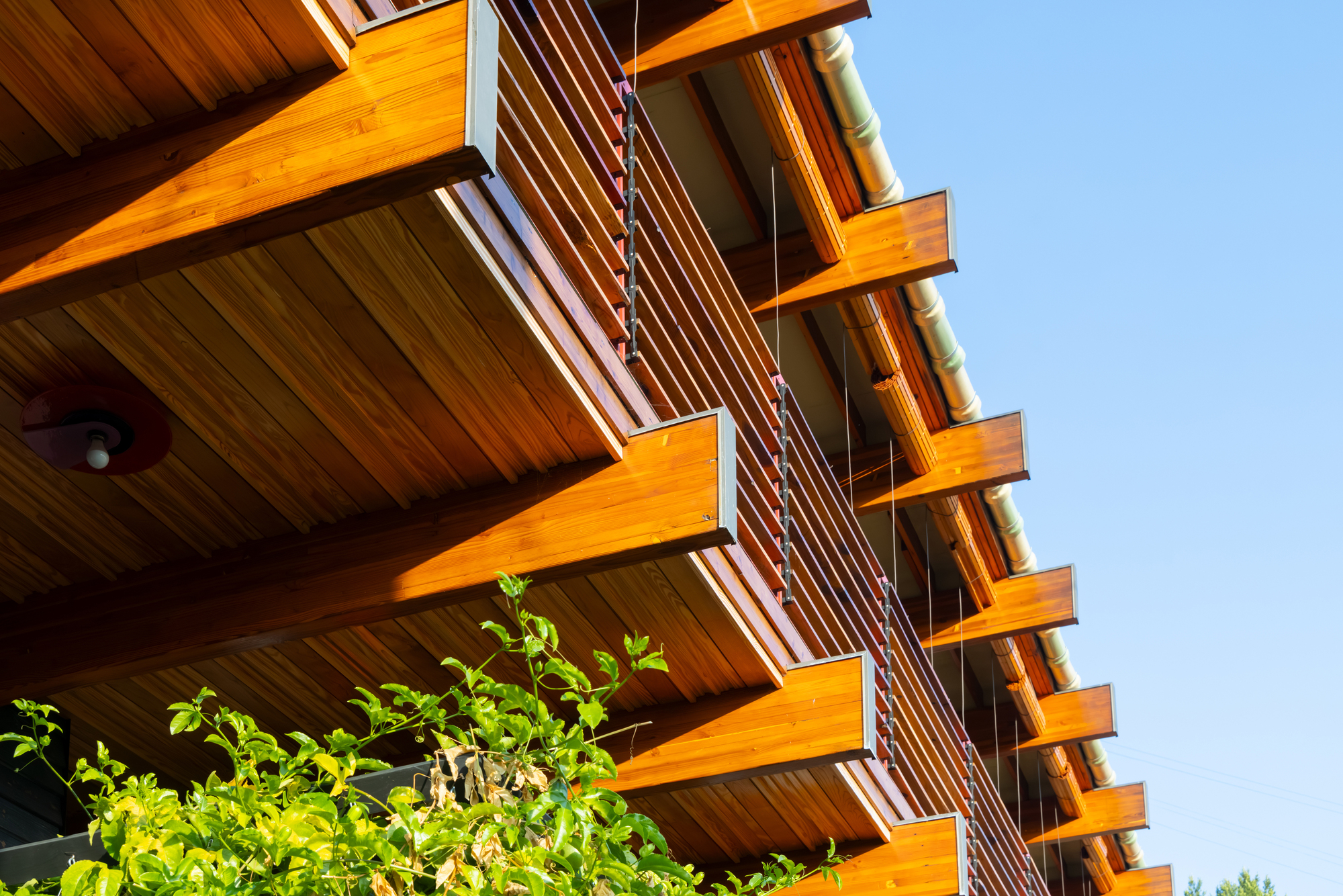 Upward view of timber balconies with horizontal slat railings and wood plank soffits against a clear blue sky