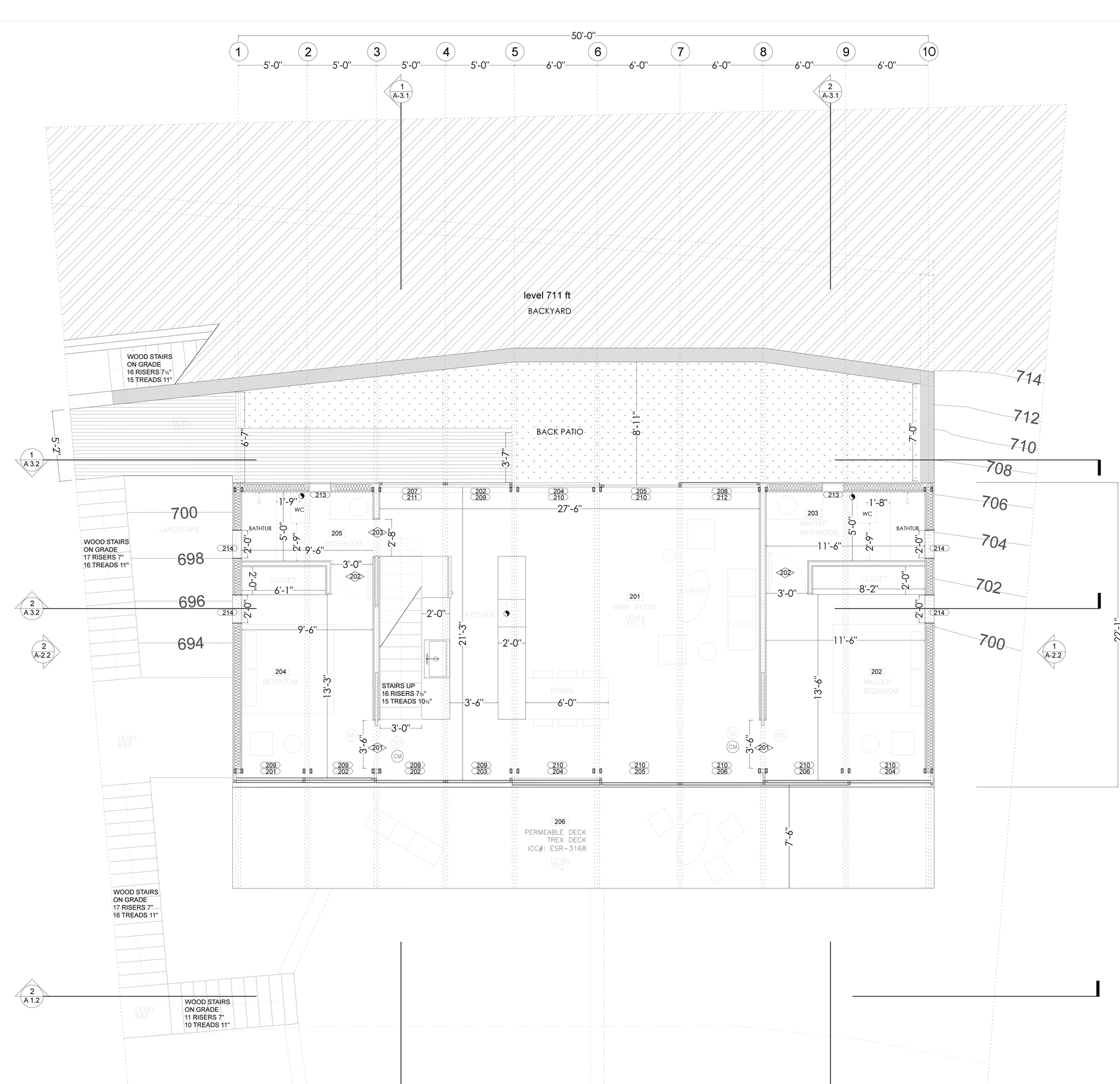 Floor plan drawing showing linear layout with central living space and front and back patios