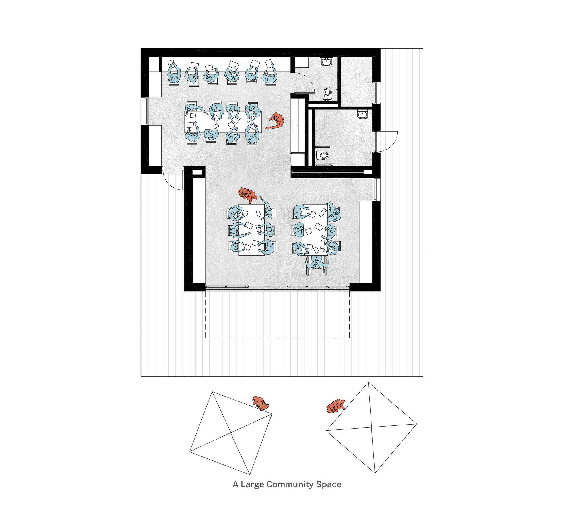 Floor plan drawing depicting classroom seating layout with tables and chairs in two zones