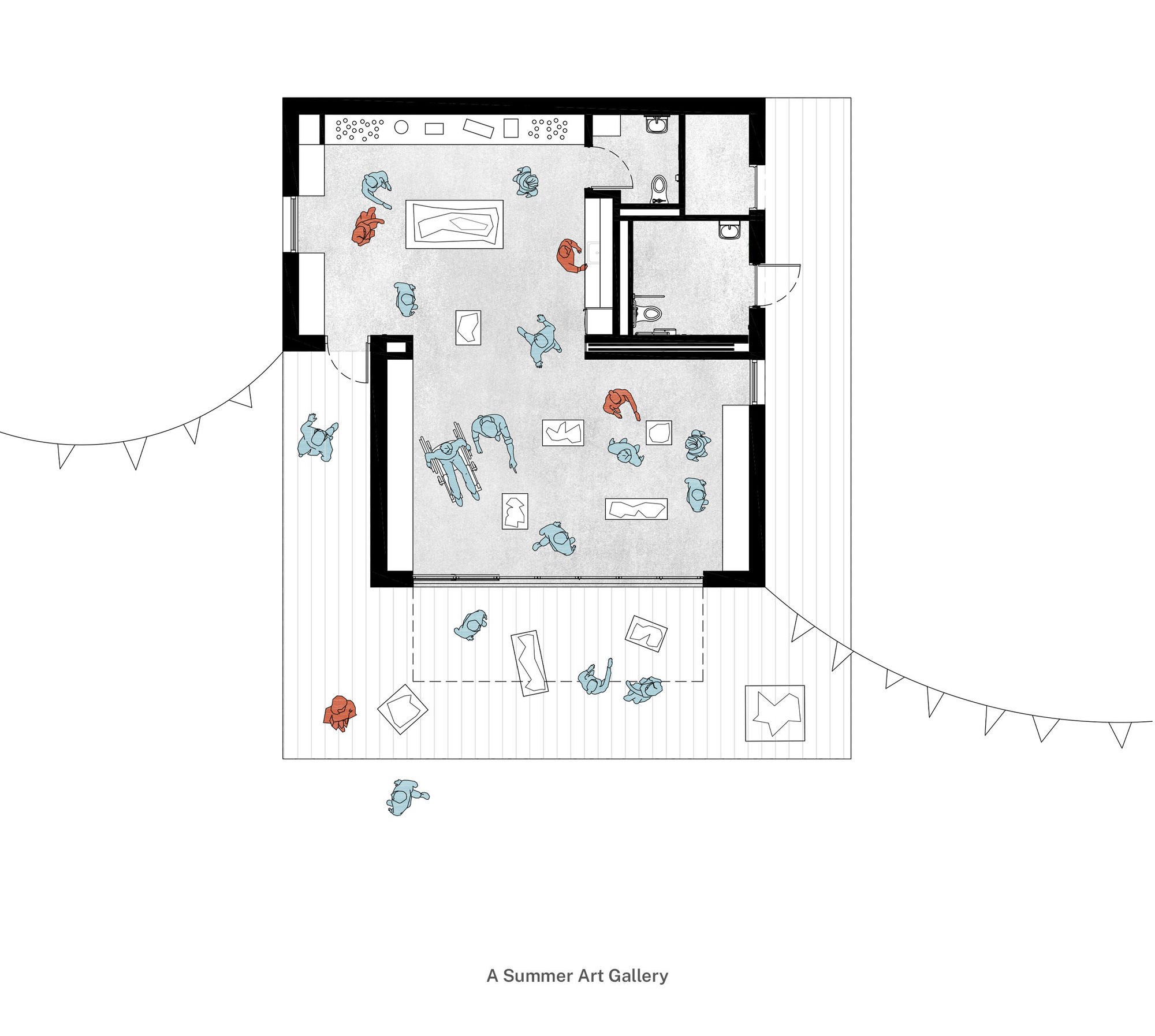 Floor plan drawing showing gallery spaces with scattered figures and an outdoor deck with bunting