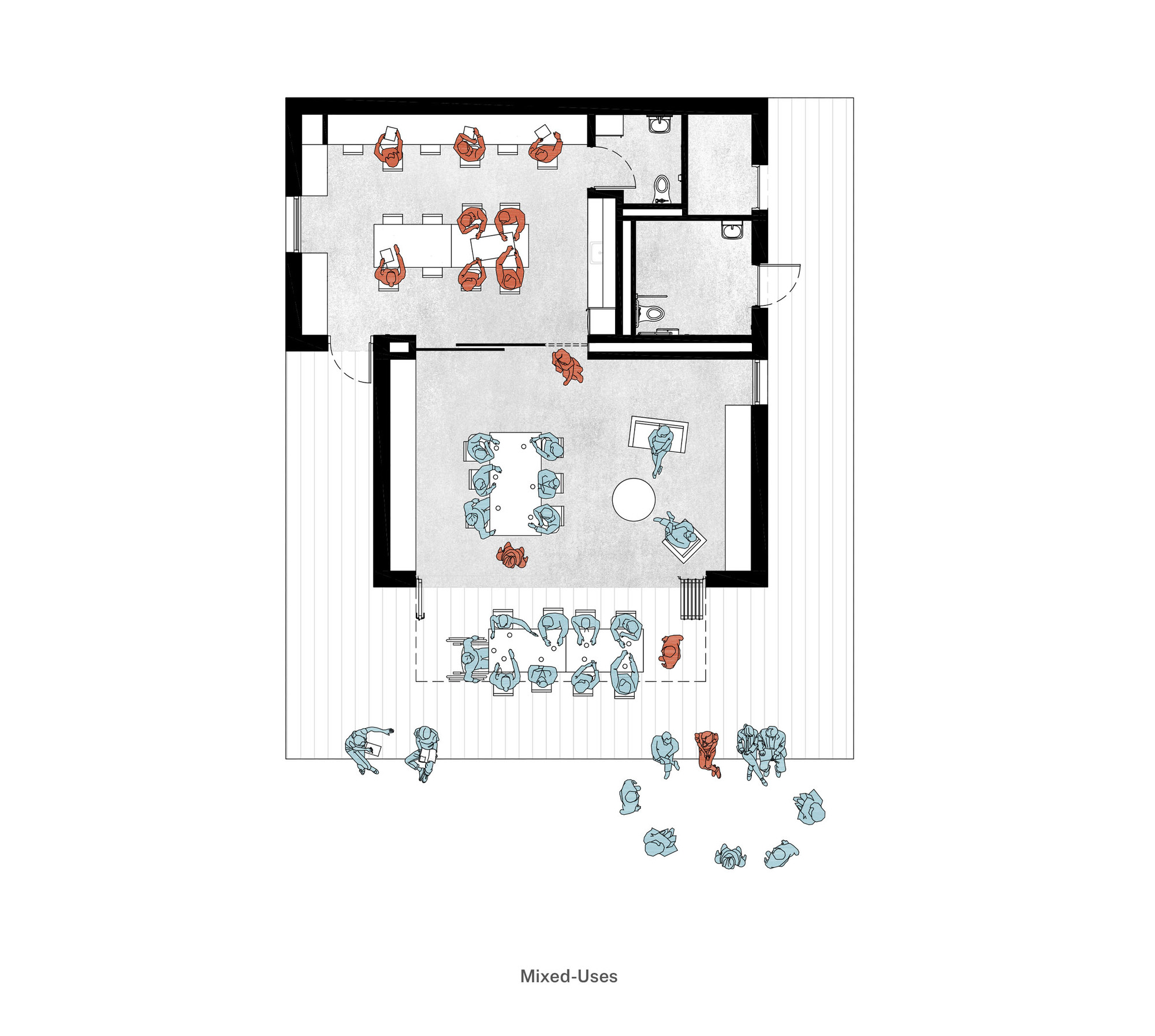 Floor plan drawing depicting dining and workshop areas with figures in orange and blue