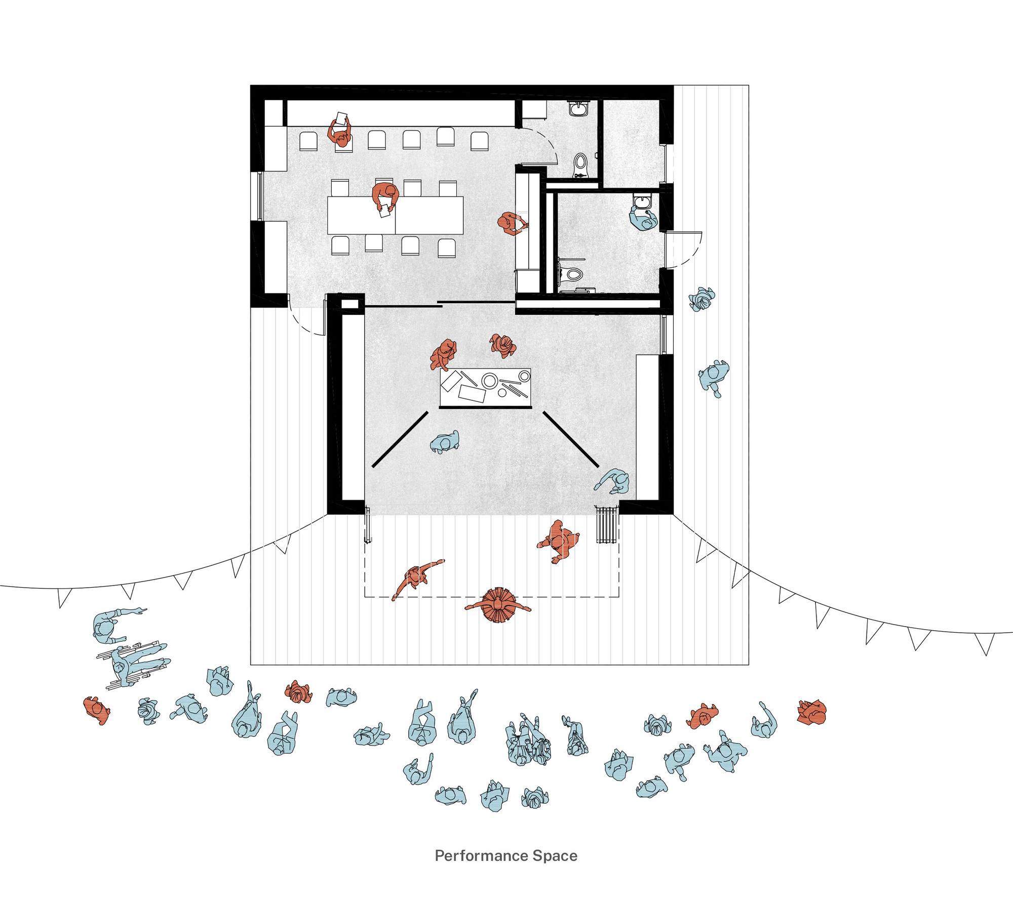 Floor plan drawing illustrating a conference room and performance space with gathered figures outside