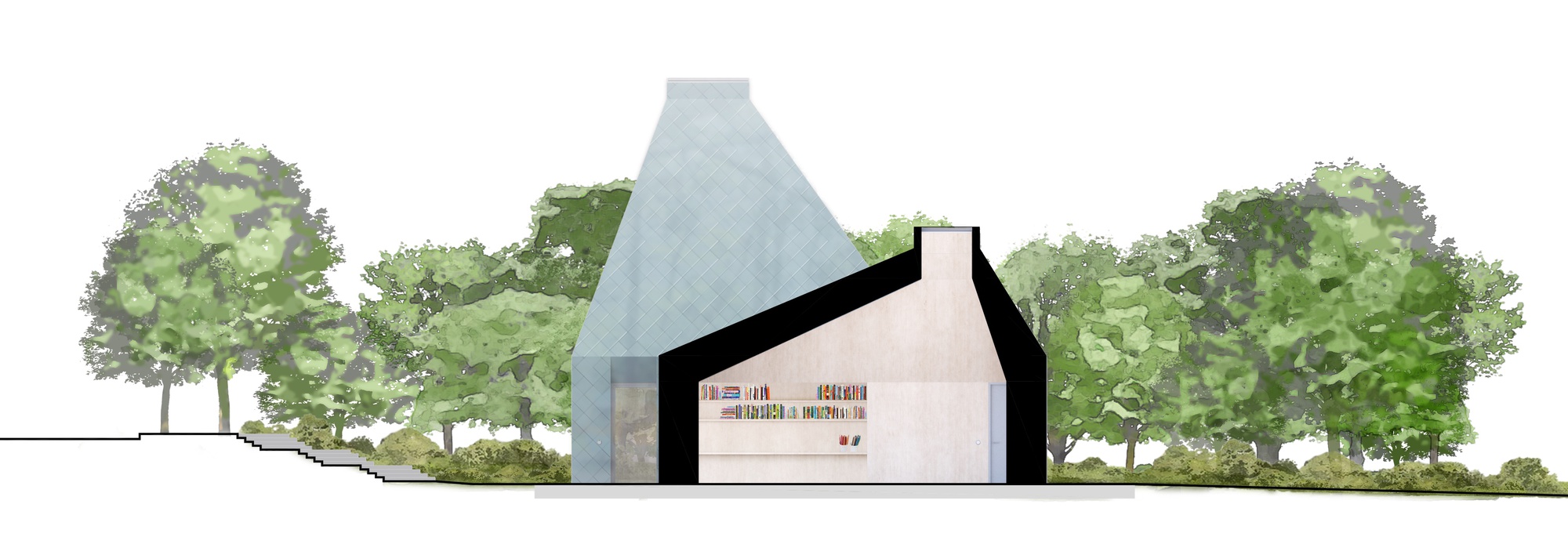 Elevation drawing of a pitched-roof pavilion with library shelving surrounded by mature trees