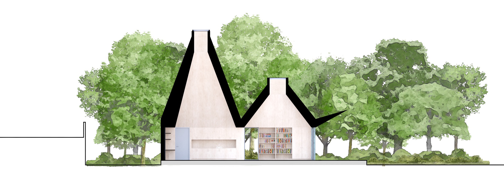 Elevation drawing showing two gabled volumes with tall chimneys nestled among green foliage