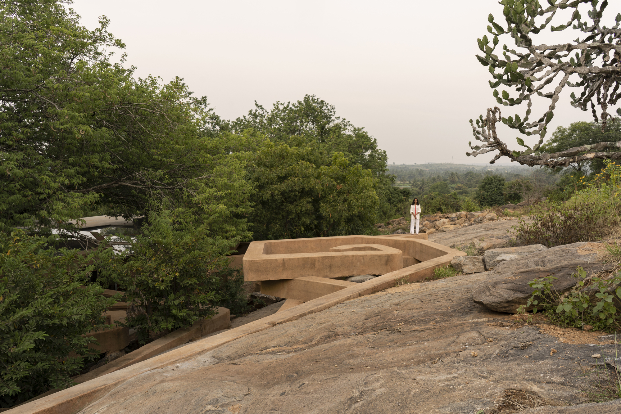 Curving concrete volumes rising from an exposed granite outcrop among dense tree cover