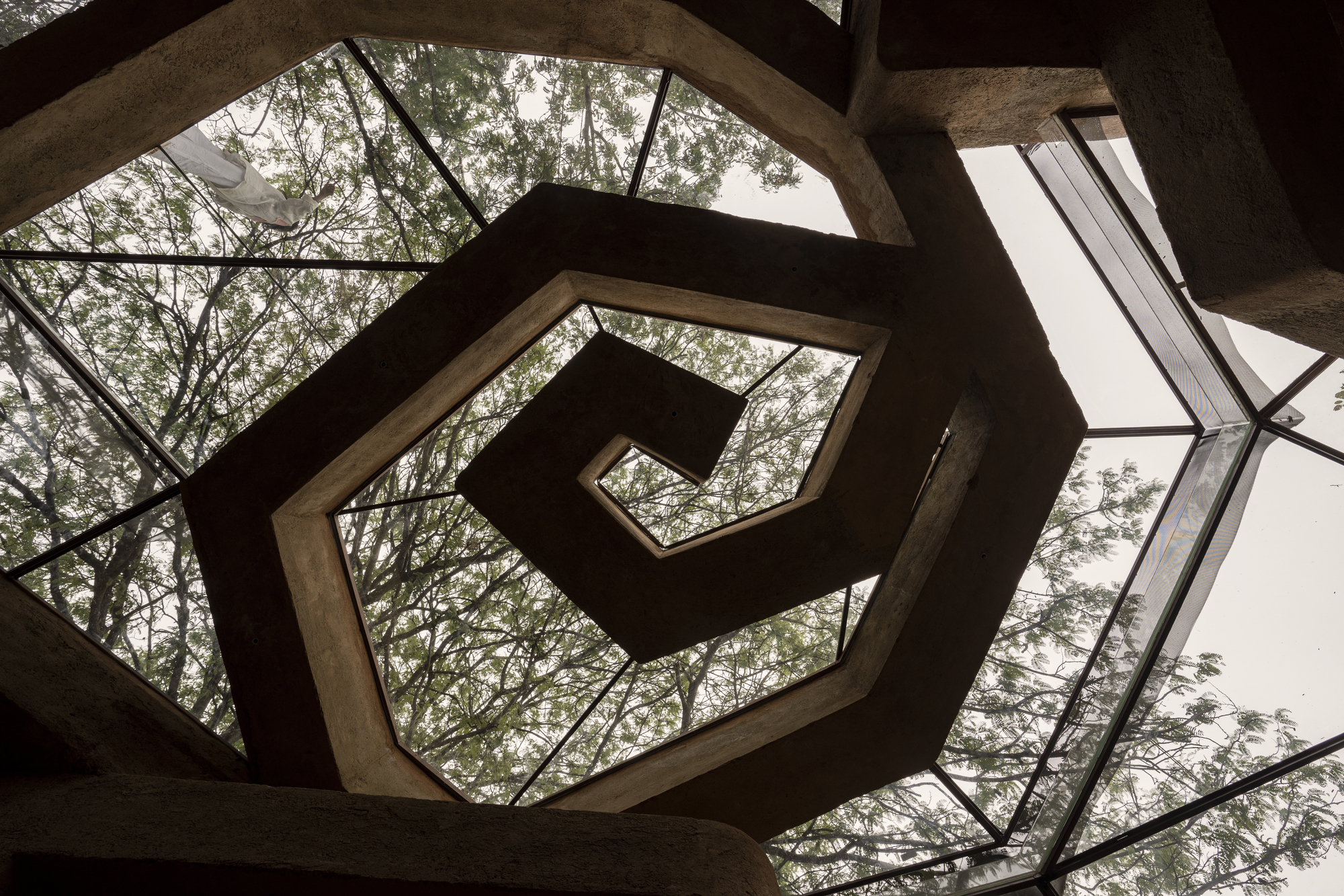 Upward view of spiraling hexagonal concrete skylight framed by tree canopy visible through glass