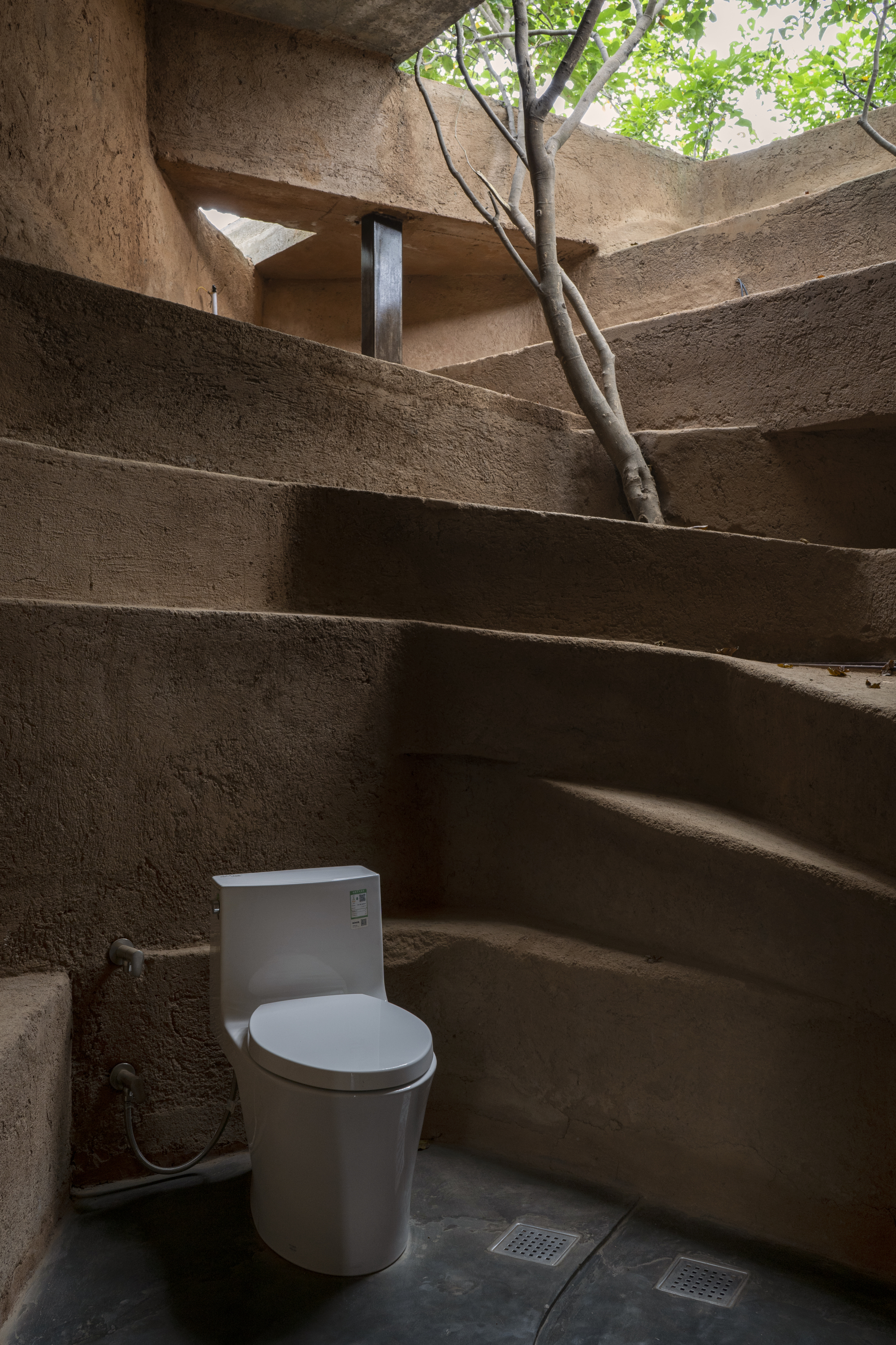 Bathroom with terraced earthen walls and skylight opening revealing tree branches above