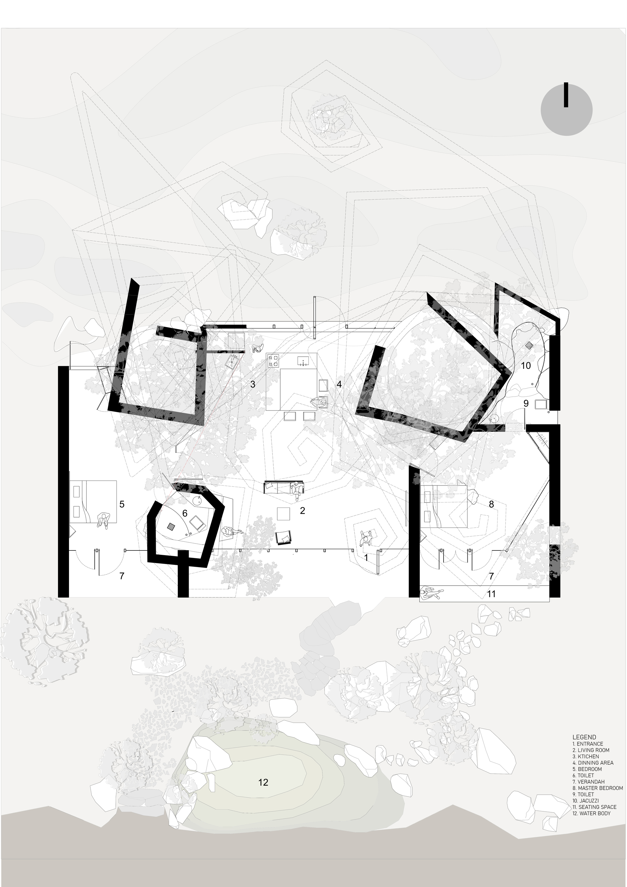 Floor plan drawing showing four angled volumes arranged around a central living space with surrounding landscape