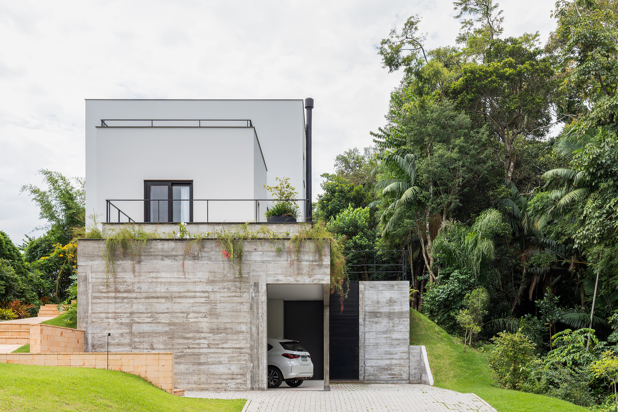 Board-formed concrete retaining wall base with upper white volume and rooftop terrace surrounded by dense forest